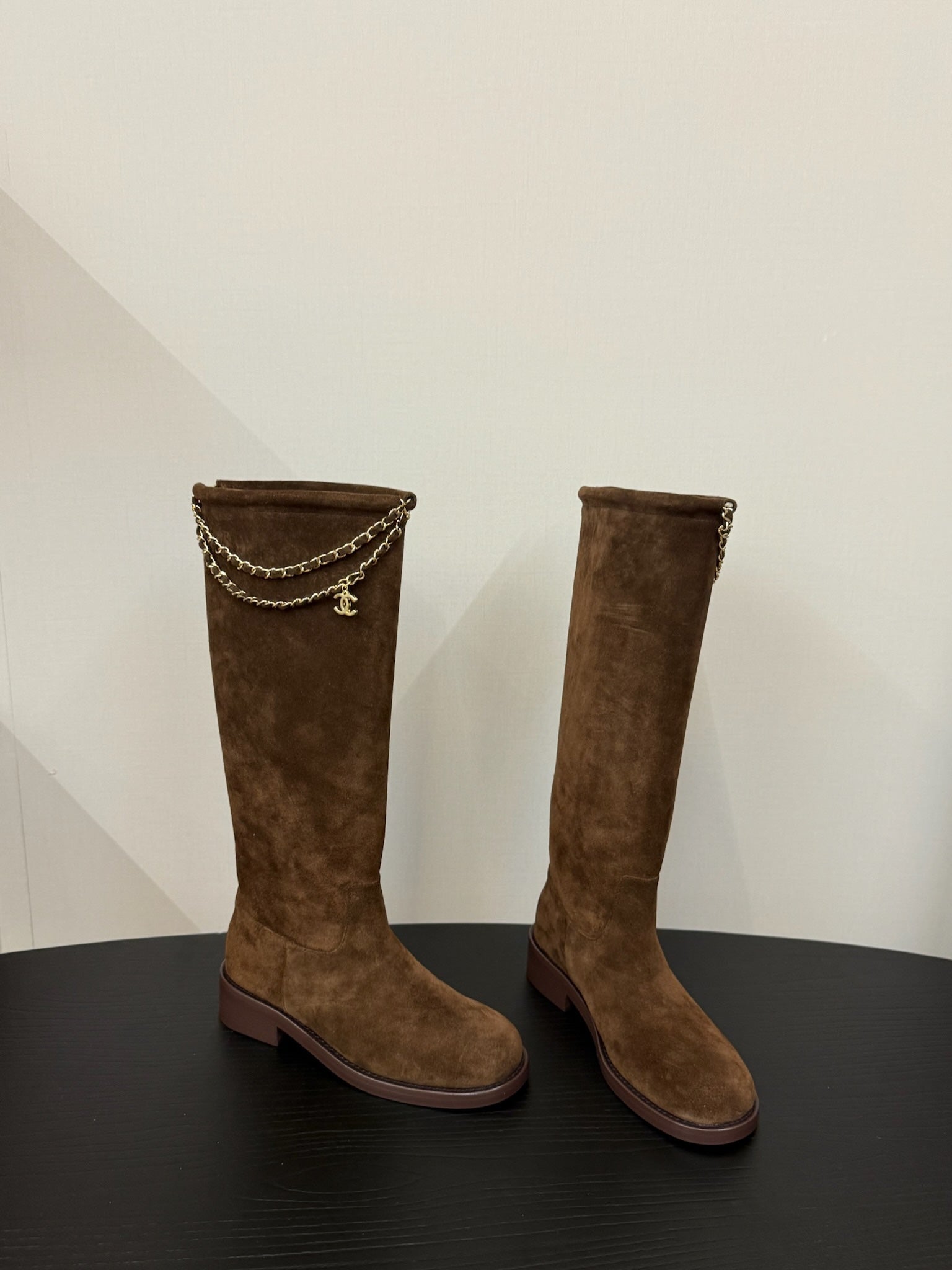 CC 25s Long Flat Chain Knight Boots Brown Cow Suede&Sheeepskin 417842