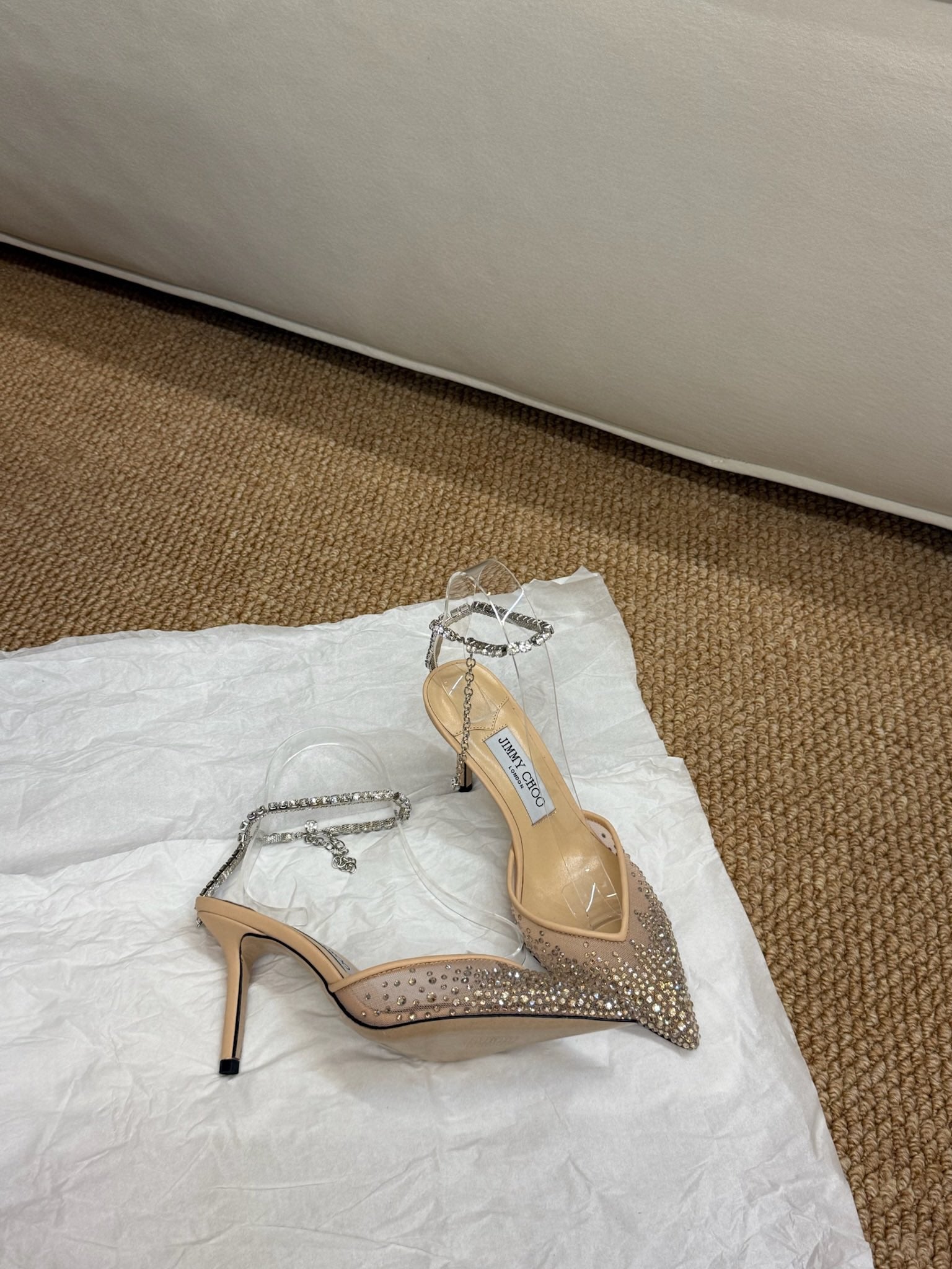 Jimmy Crystal-embellished Saeda Pumps 100mm Beige Mesh Drill 420168