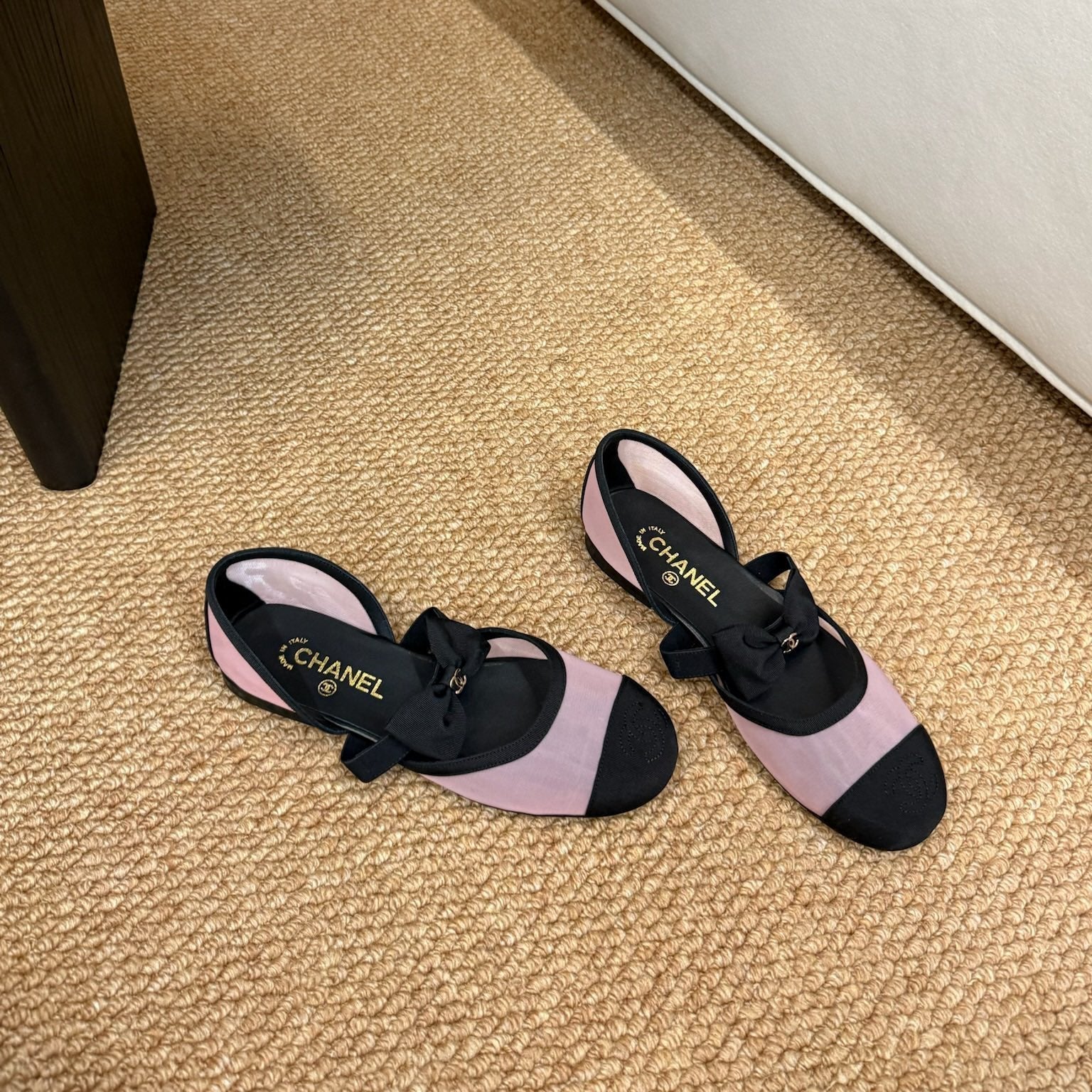 CC 26s Mary Jane Flats In Pink And Black Mesh Ribbon Strap Cap Toe