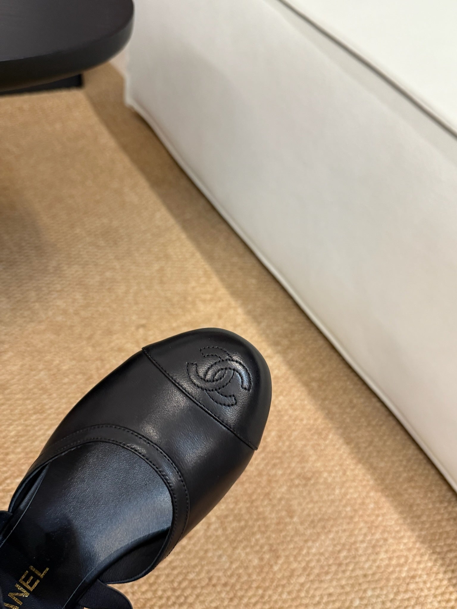 CC 26s Mary Jane Slingback Flats In Black Calfskin Cap Toe Ribbon Strap