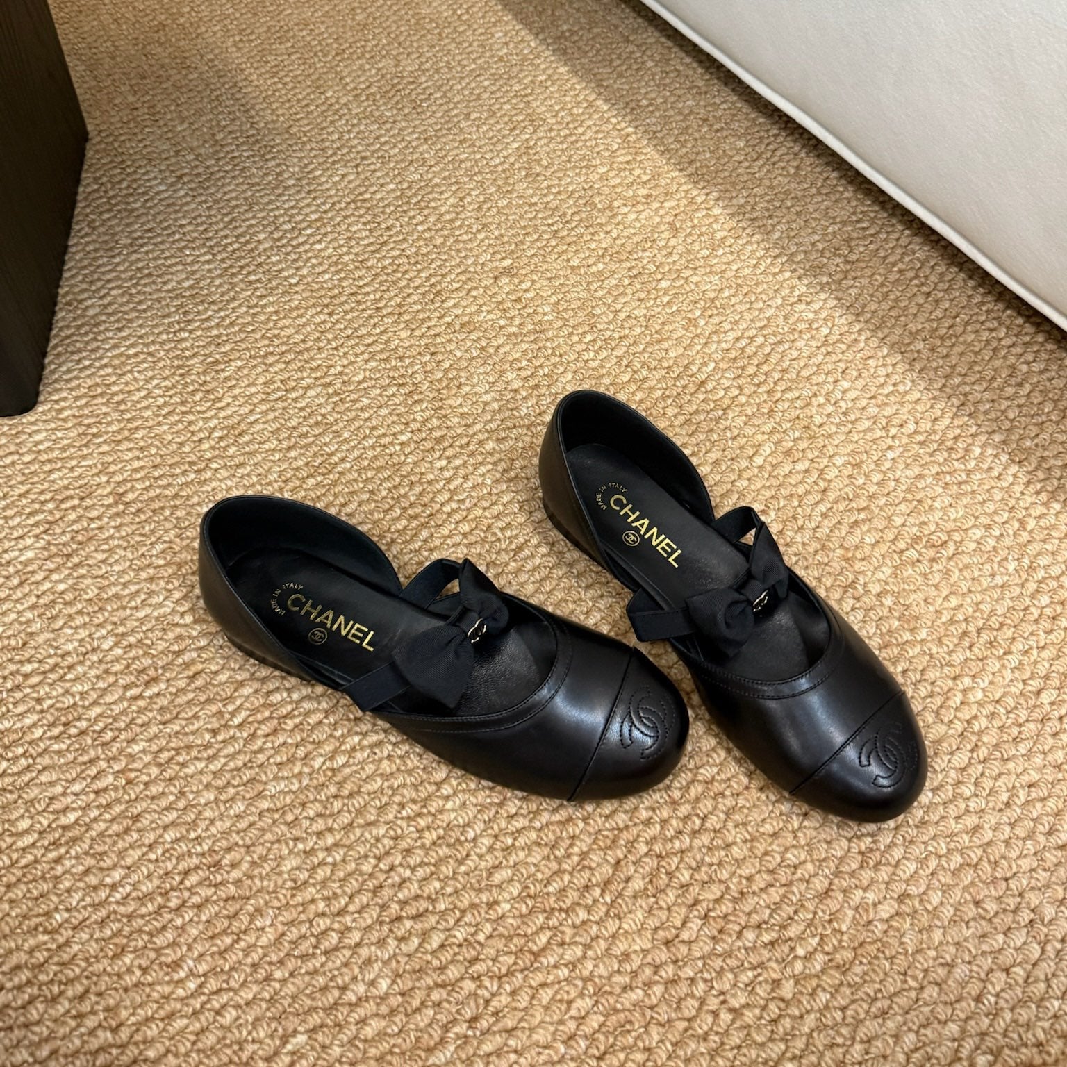 CC 26s Mary Jane Slingback Flats In Black Calfskin Cap Toe Ribbon Strap