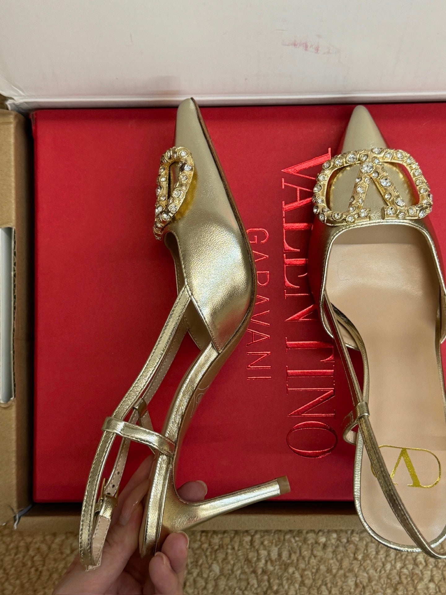 Valentino 26s High Heel Slingbacks In Metallic Gold Calfskin With Crystal