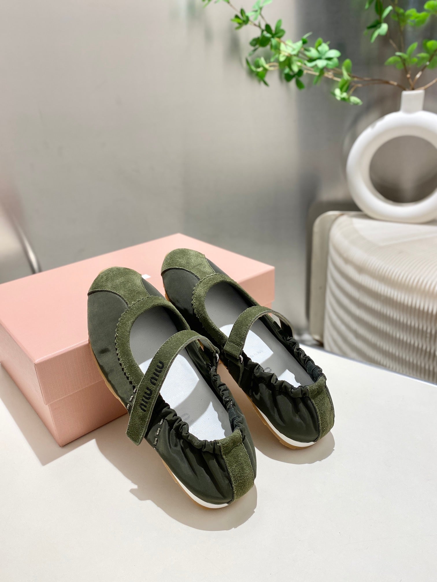Miu 26s Ruches Nappa Ballerinas In Army Green Suede And Fabric