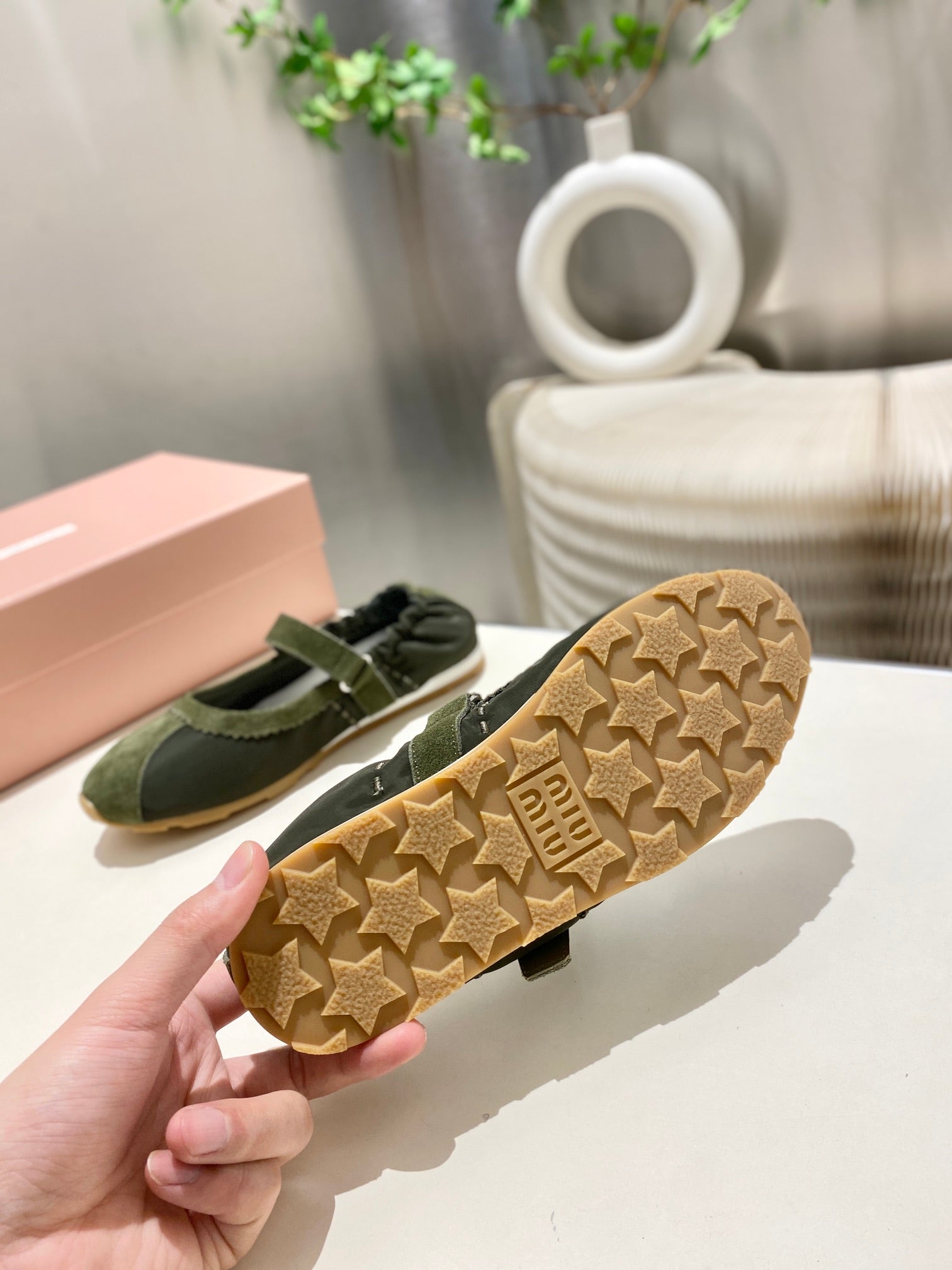 Miu 26s Ruches Nappa Ballerinas In Army Green Suede And Fabric