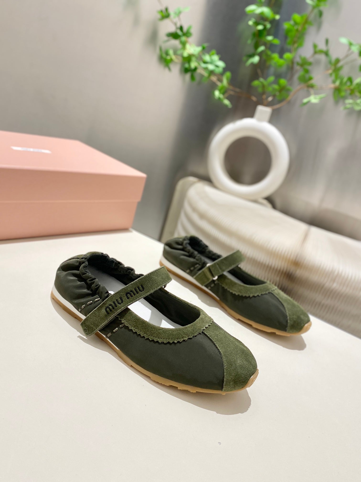 Miu 26s Ruches Nappa Ballerinas In Army Green Suede And Fabric