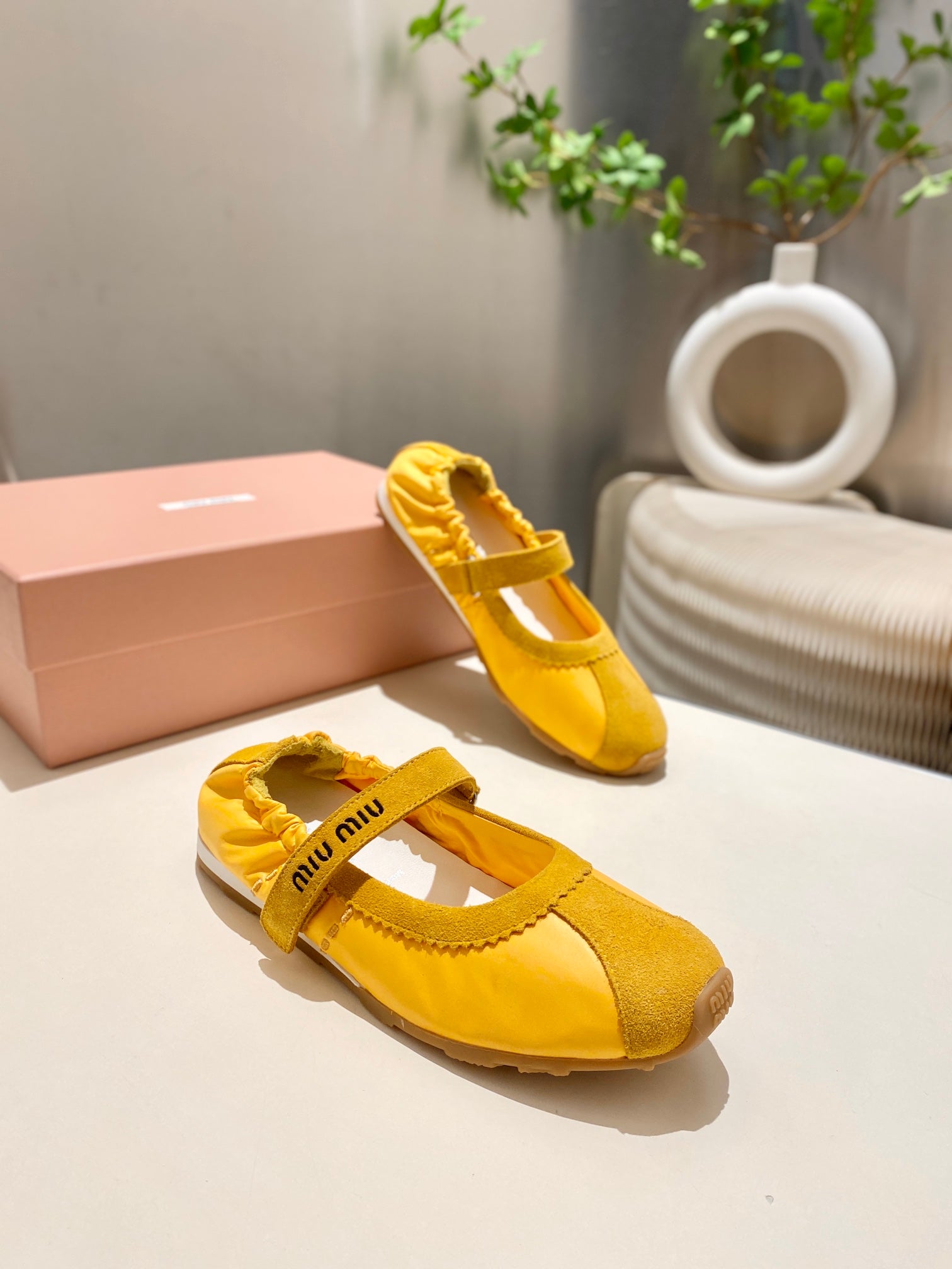 Miu 26s Ruches Nappa Ballerinas In Yellow Suede And Fabric
