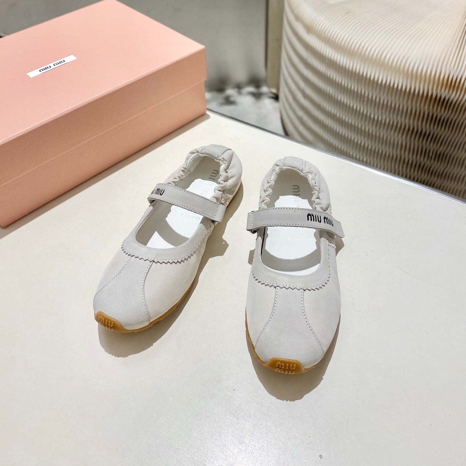 Miu 26s Ruches Nappa Ballerinas In Cream White Suede And Fabric