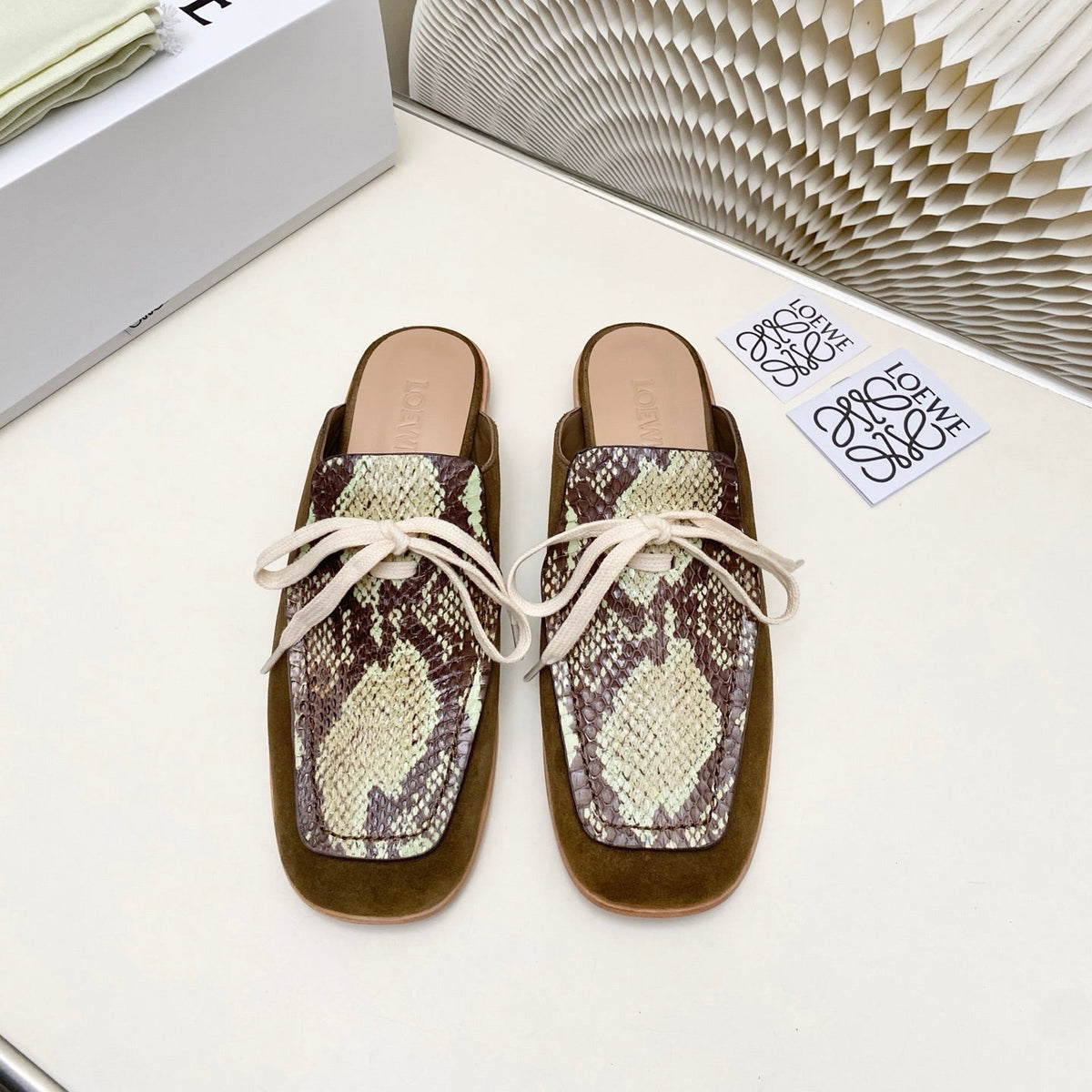 Loewe 26s Flat Mules In Snakeskin-Embossed Calfskin And Brown Suede
