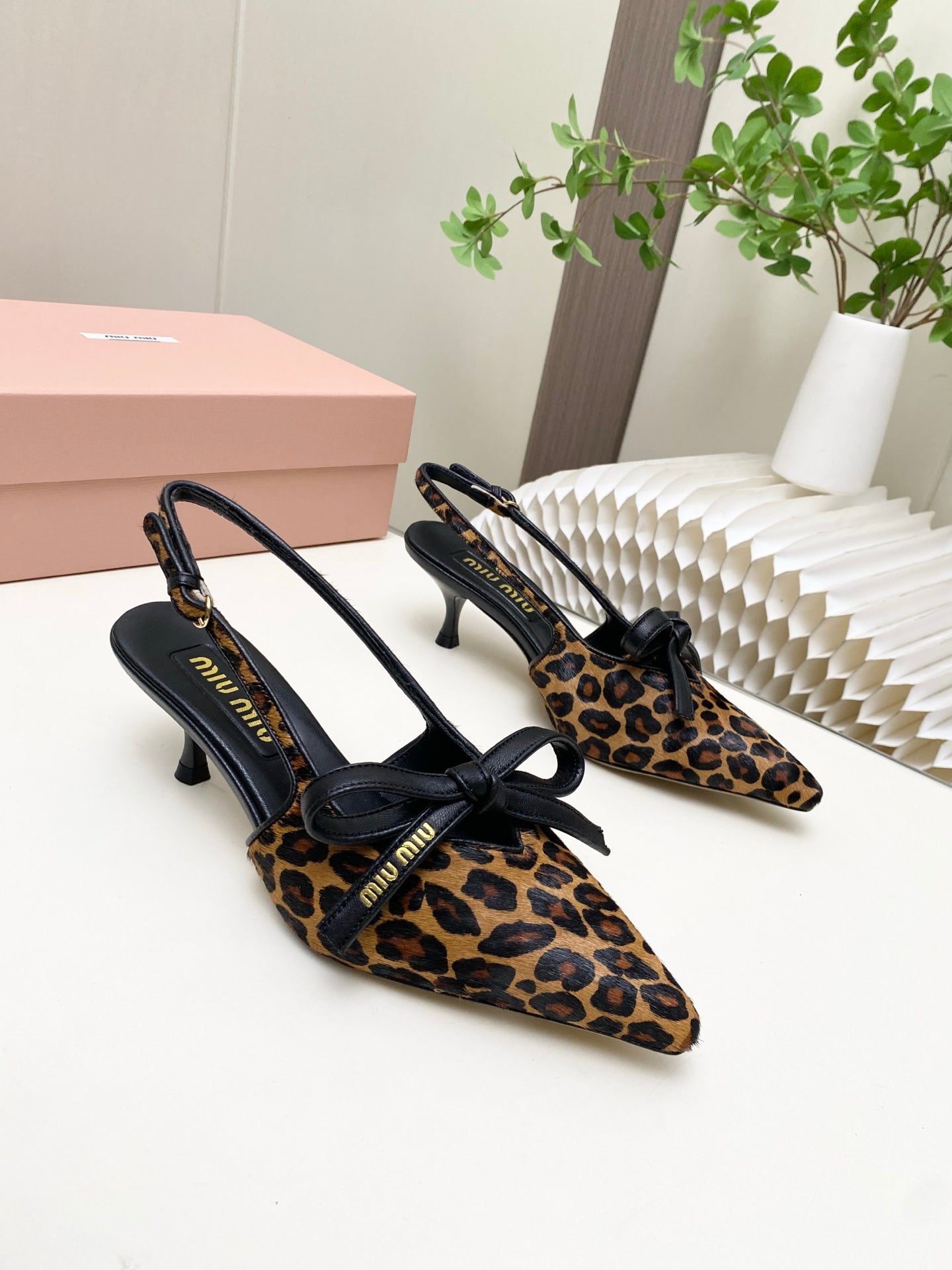 Miumiu 26s Slingback Pumps 55mm In Leopard Print Calf Hair With Bow