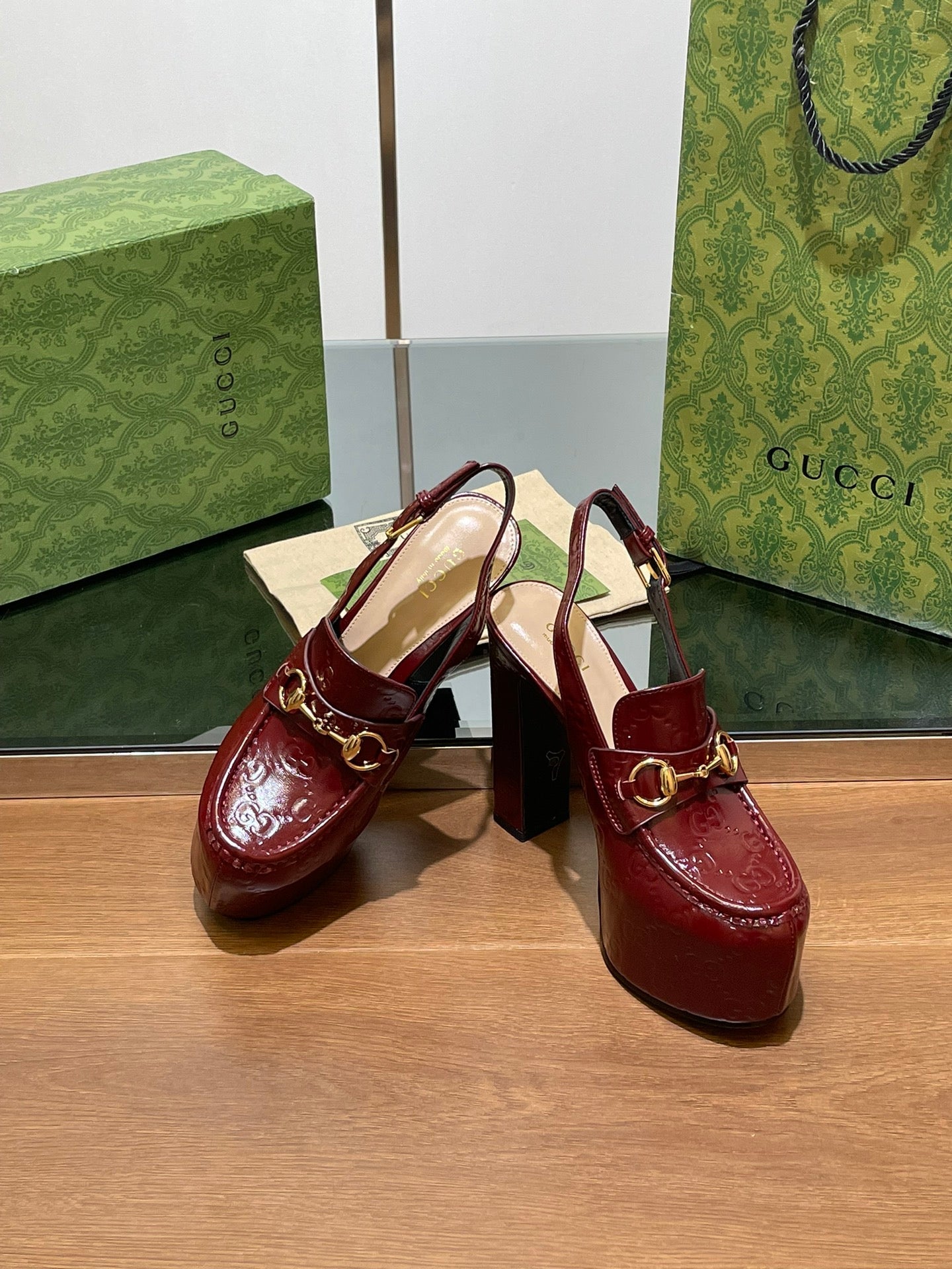 GG WOMEN'S HORSEBIT PLATFORM SLINGBACK IN ROSSO ANCORA RED CALFSKIN