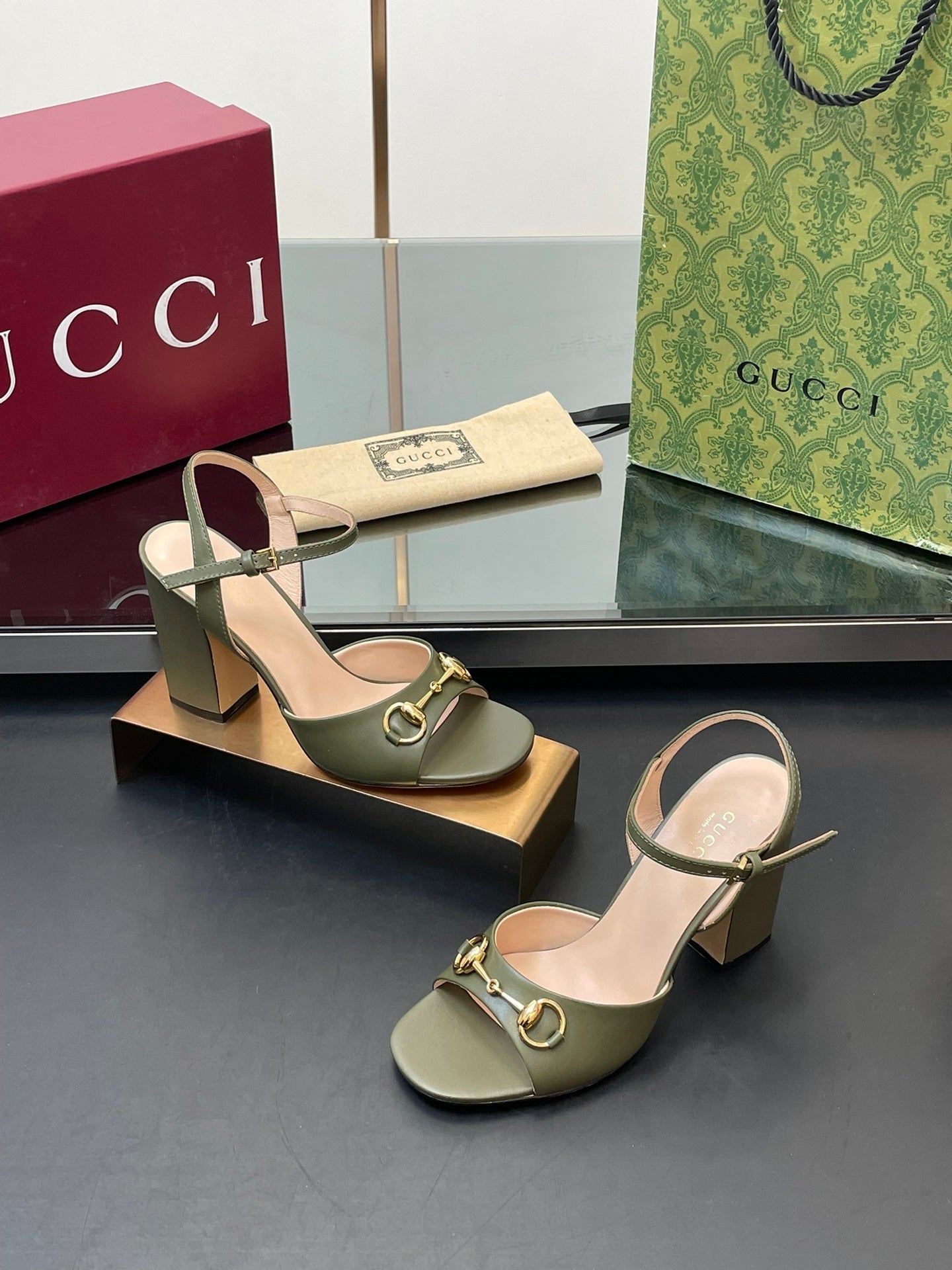 GG Women Horsebit High Heel Sandal Open Toe Olive Sheepskin 149217