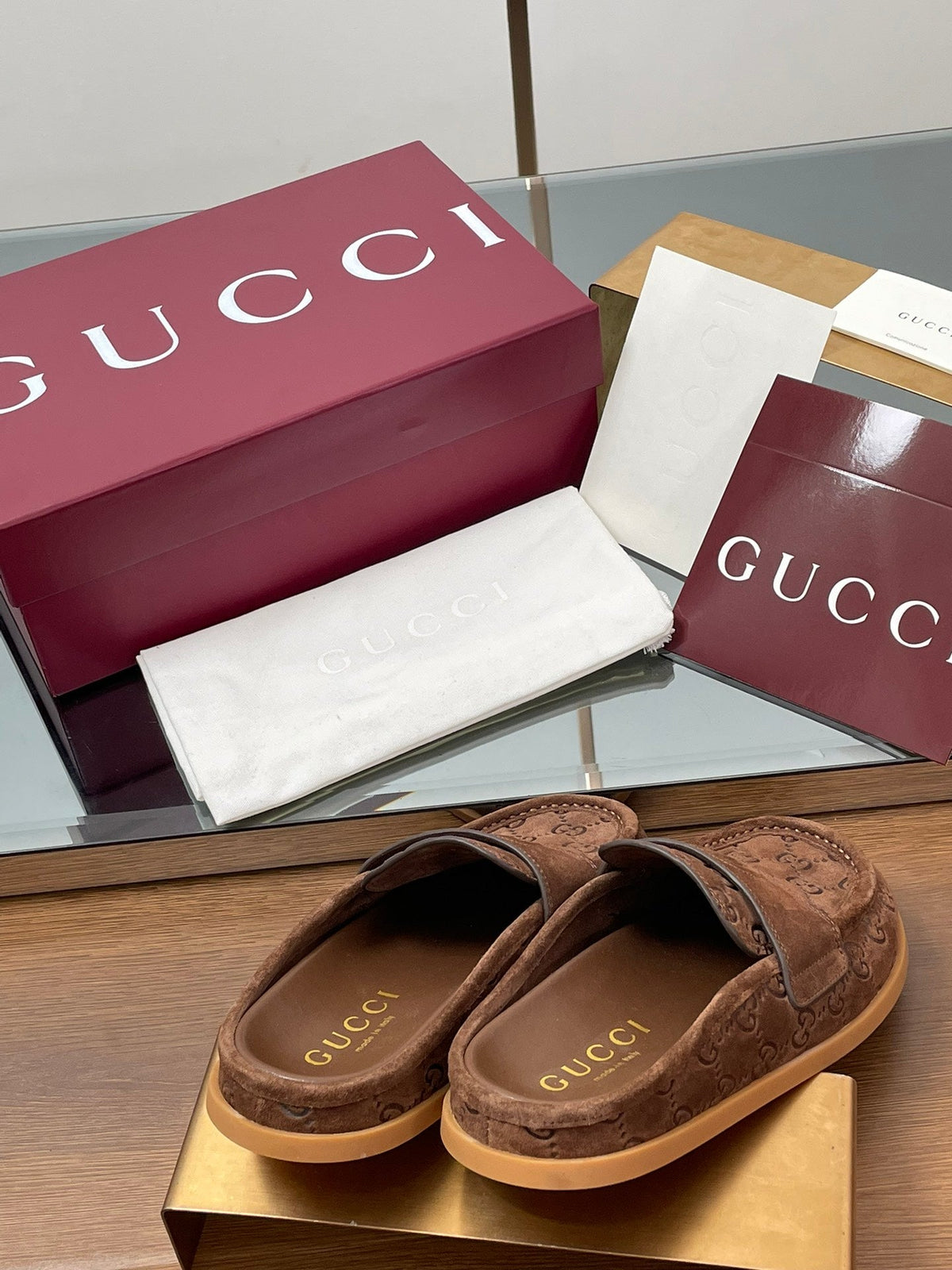 Gucci 26s Celia Mules Brown GG Suede 156866