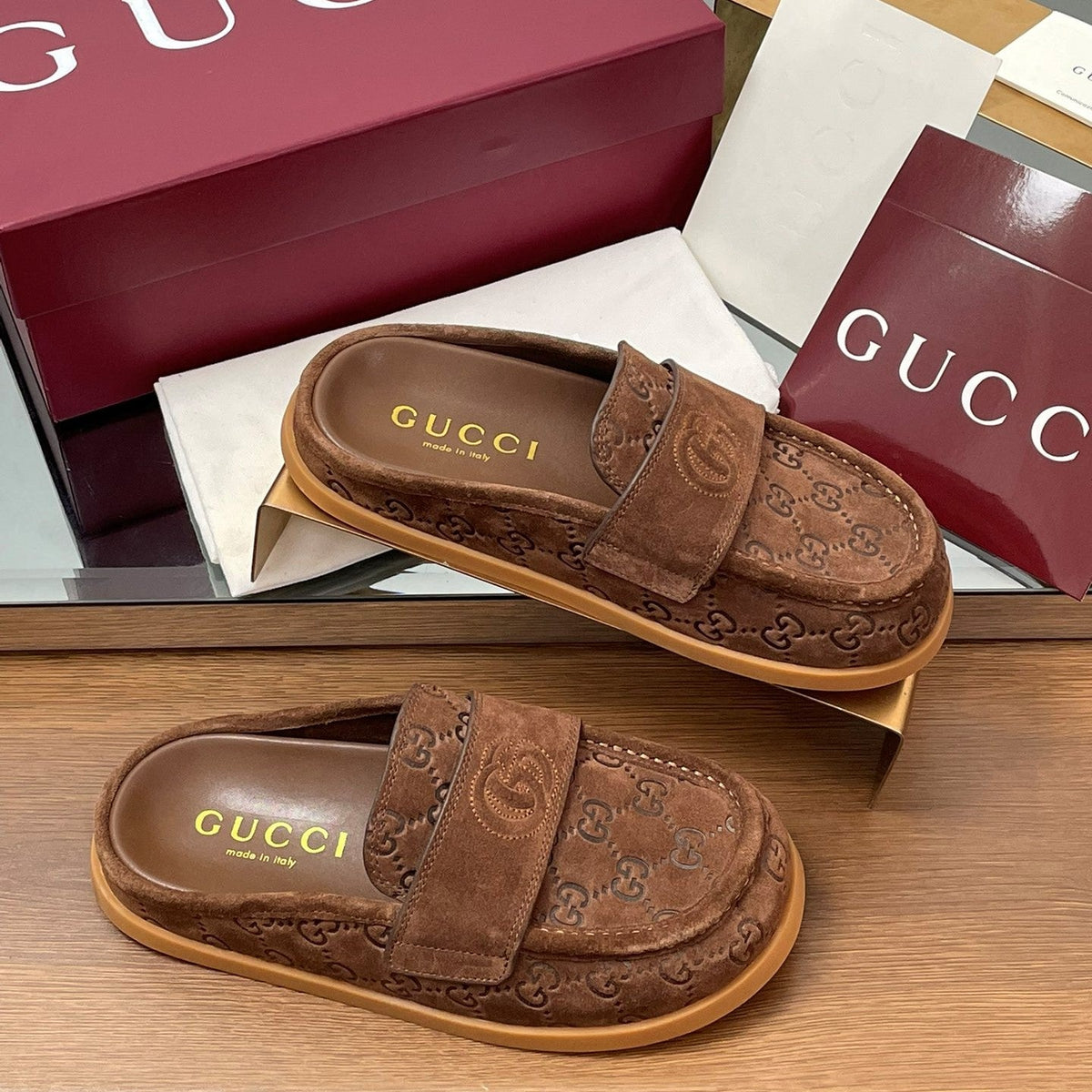 Gucci 26s Celia Mules Brown GG Suede 156866