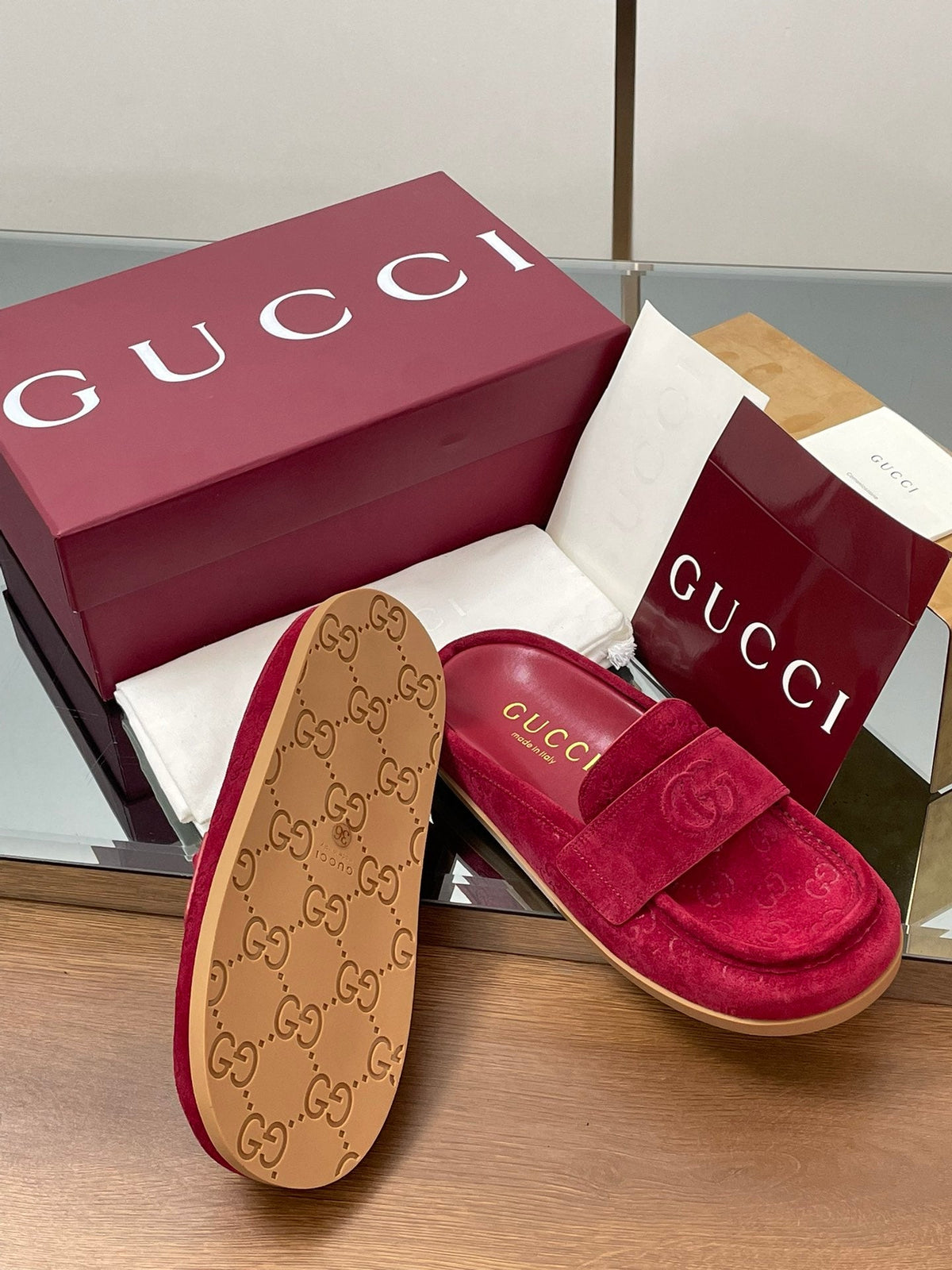 Gucci 26s Celia Mules Fuchsia GG Suede 156838