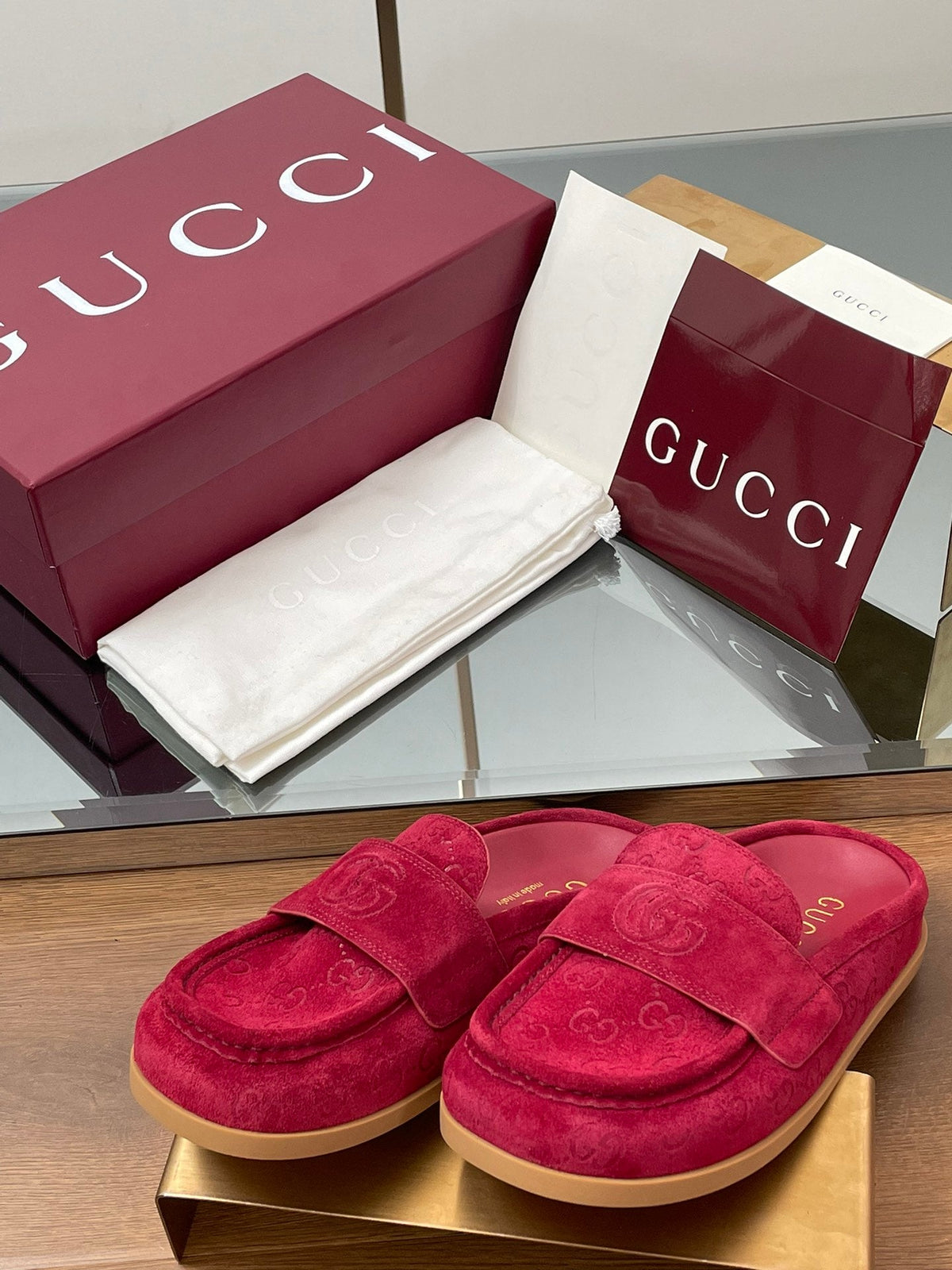 Gucci 26s Celia Mules Fuchsia GG Suede 156838