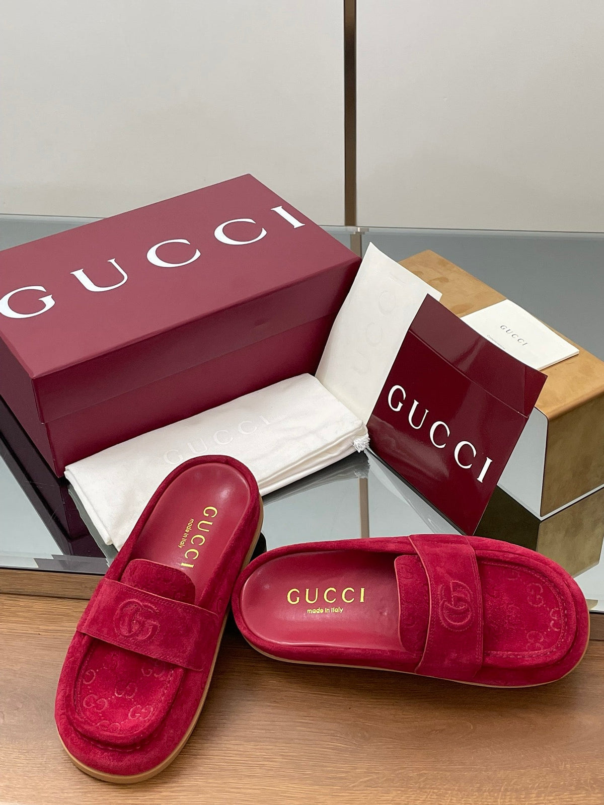 Gucci 26s Celia Mules Fuchsia GG Suede 156838