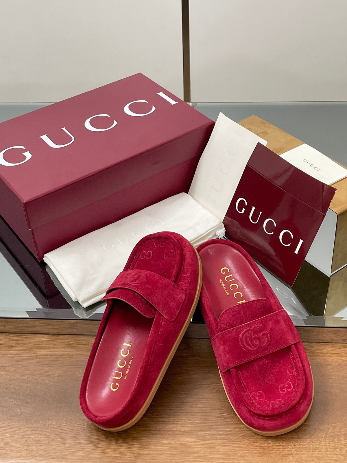Gucci 26s Celia Mules Fuchsia GG Suede 156838