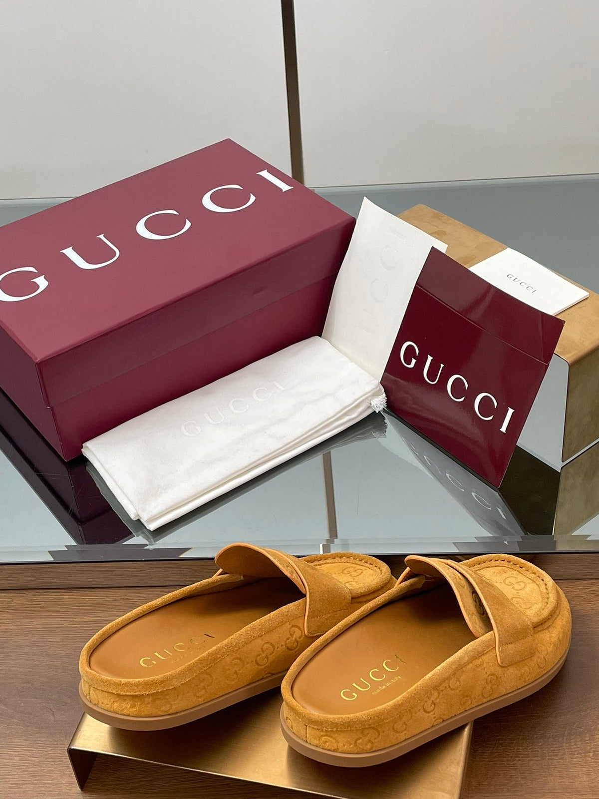 Gucci 26s Celia Mules Mustard GG Suede 156839