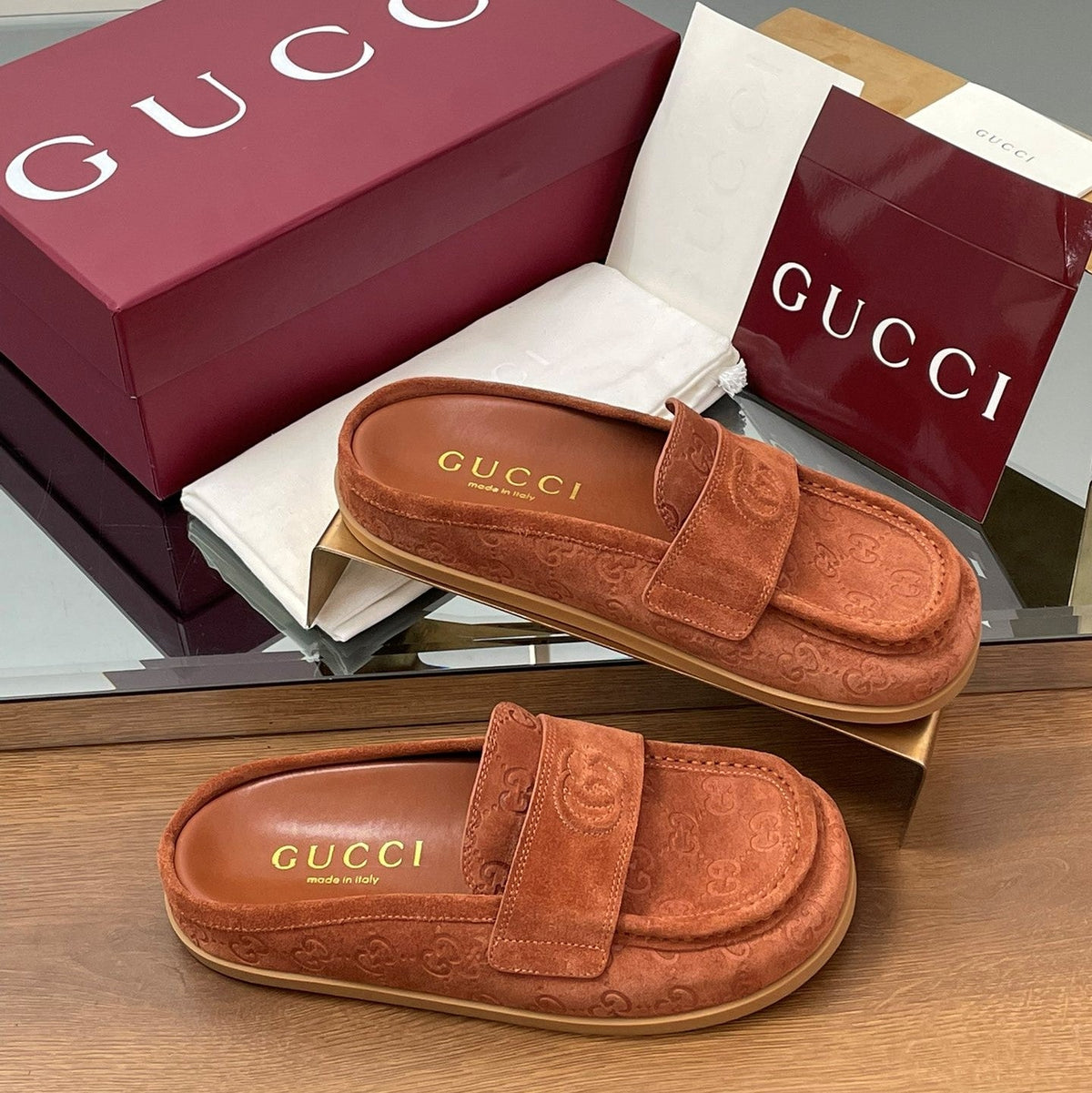 Gucci 26s Celia Mules Brick Red GG Suede 156841