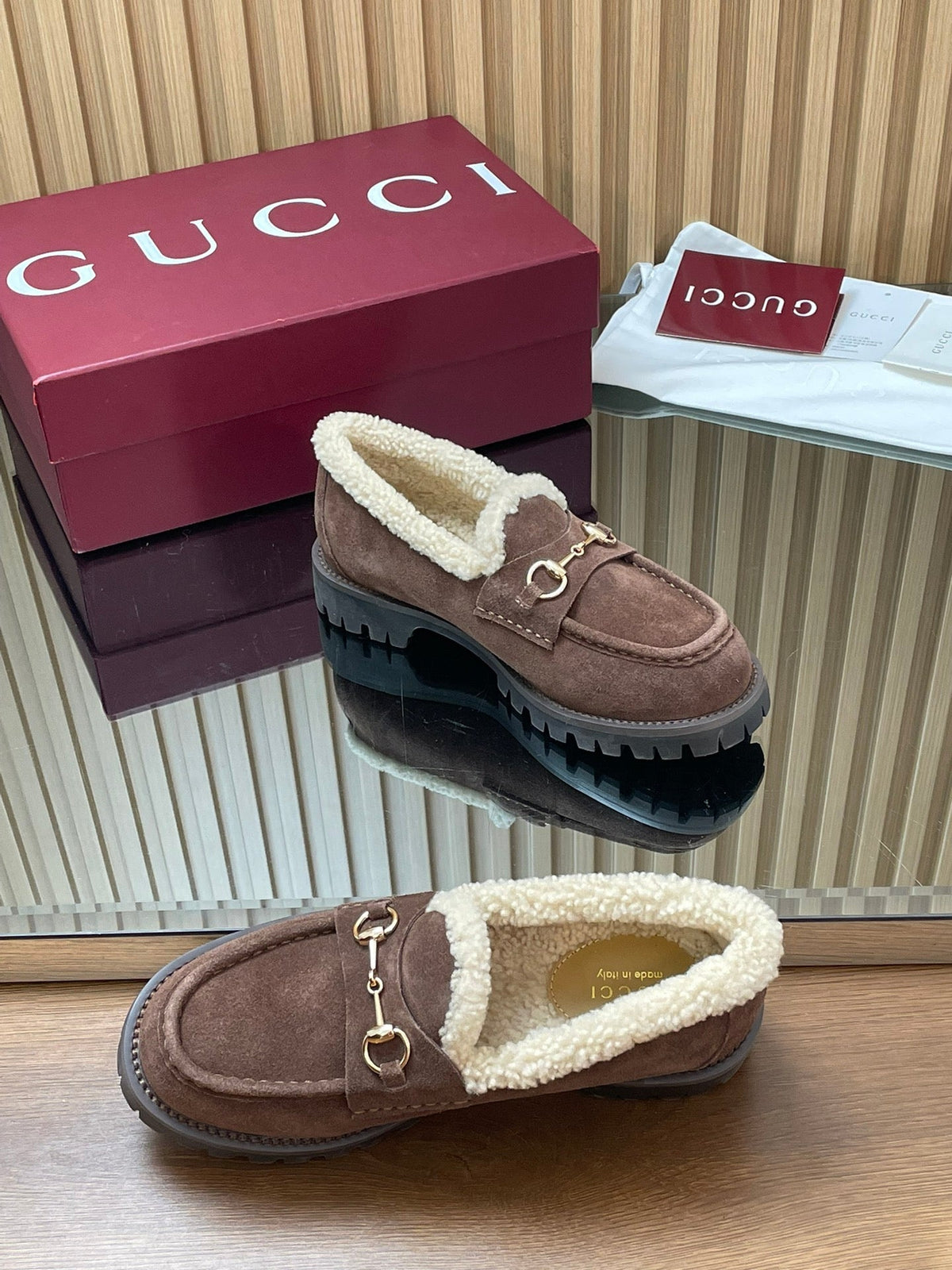 Gucci 26s Loafers Dark Brown Suede Shearling 156829