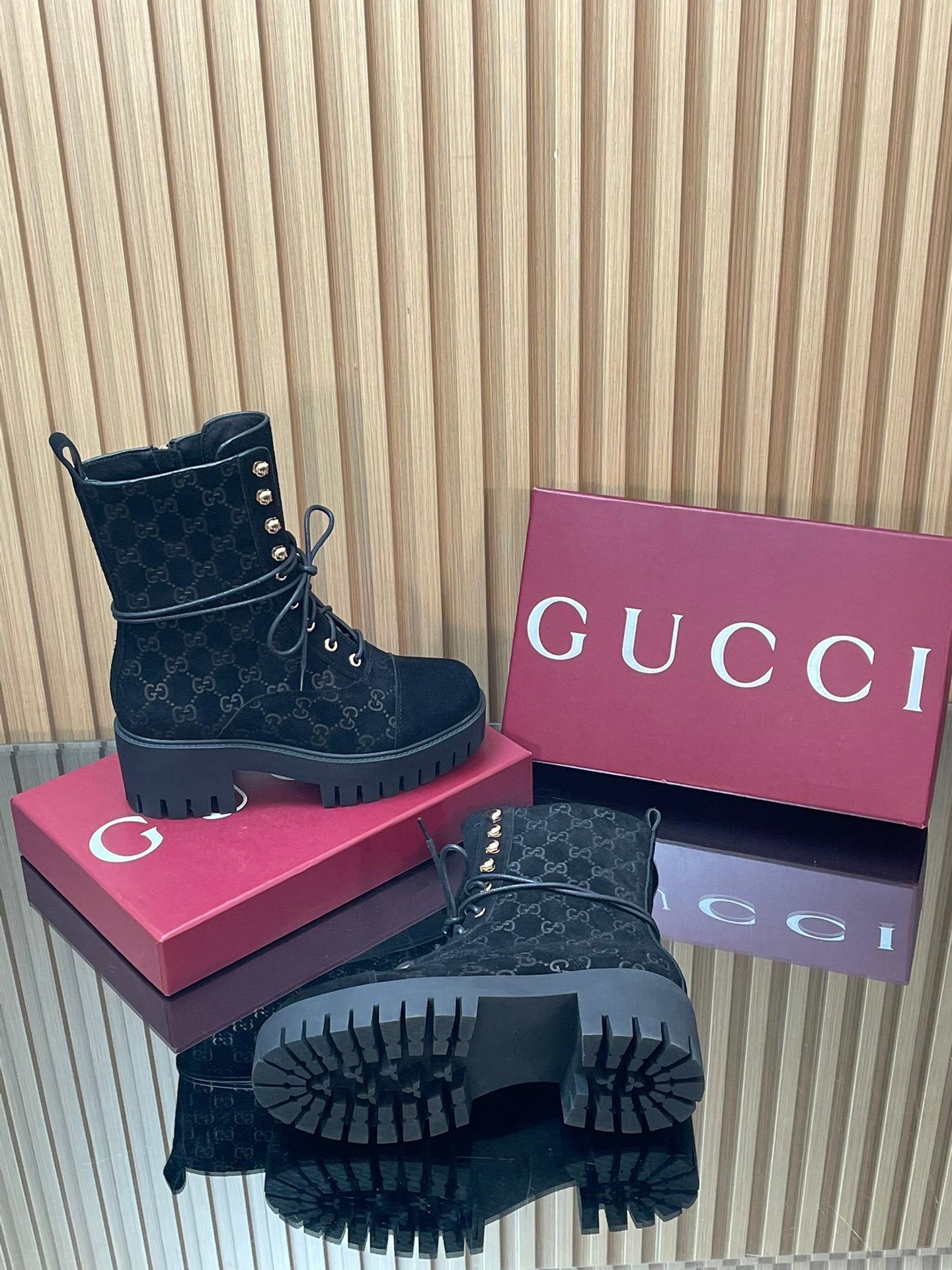 GG 26s Combat Boots Black GG-Embossed Suede 997186