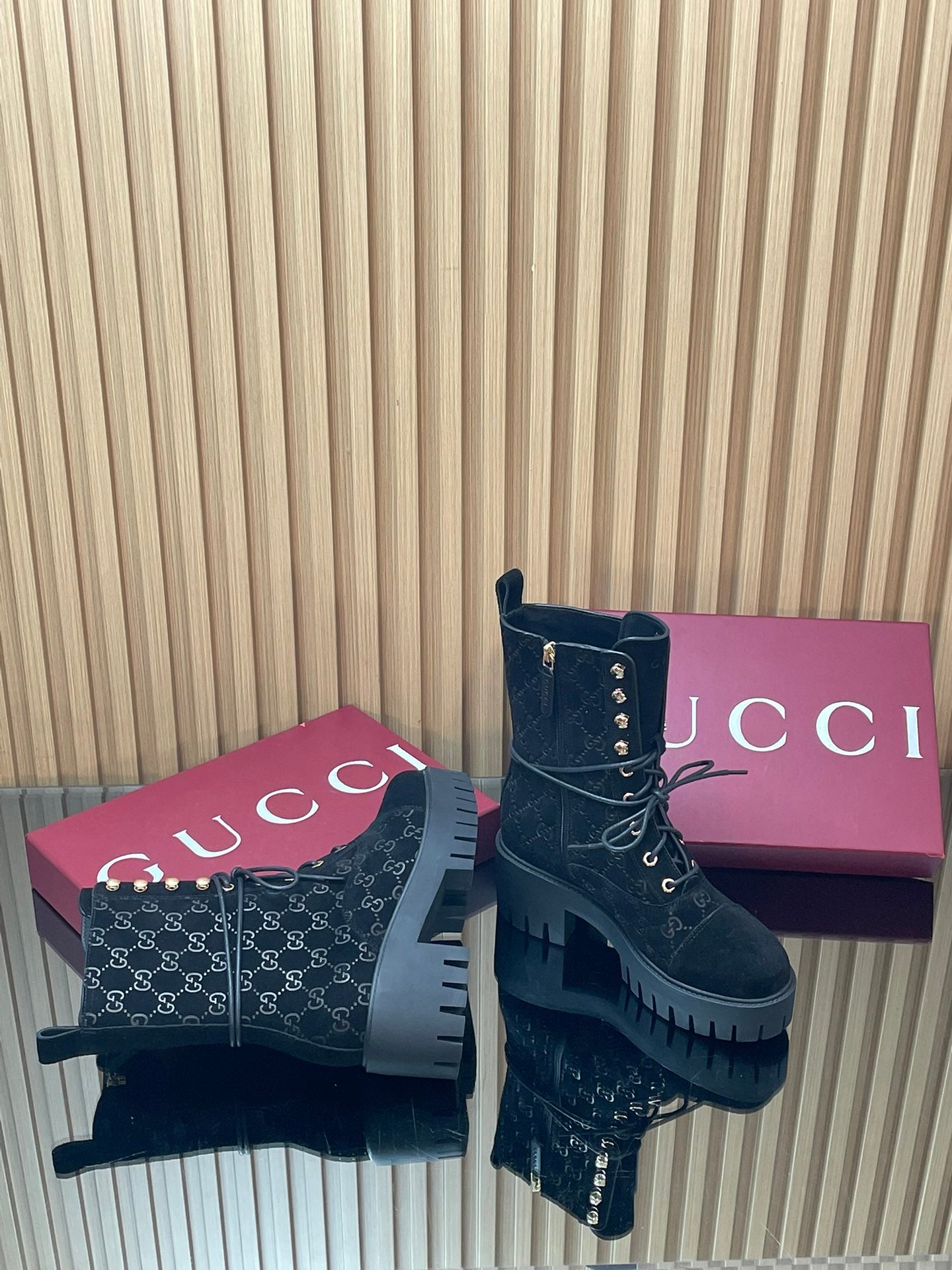 GG 26s Combat Boots Black GG-Embossed Suede 997186