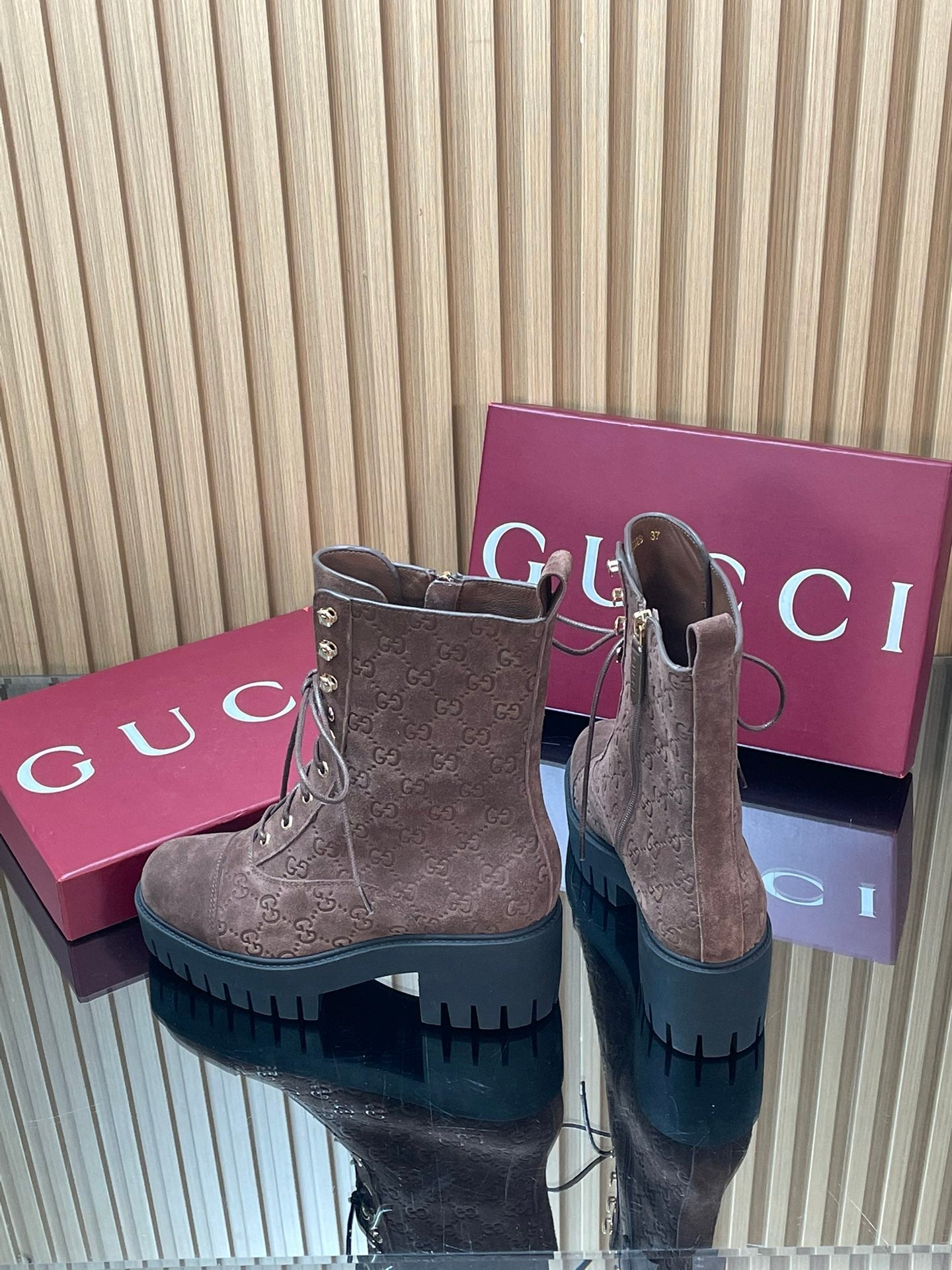 GG 26s Combat Boots Coffee GG-Embossed Suede 997187