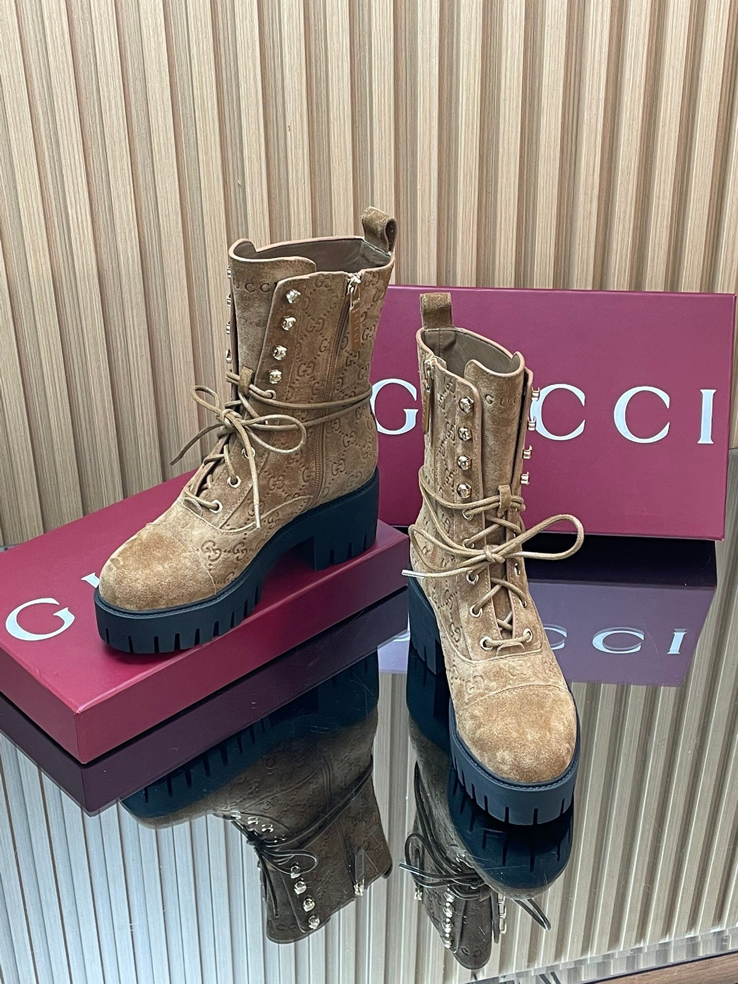 GG 26s Combat Boots Brown GG-Embossed Suede 997188