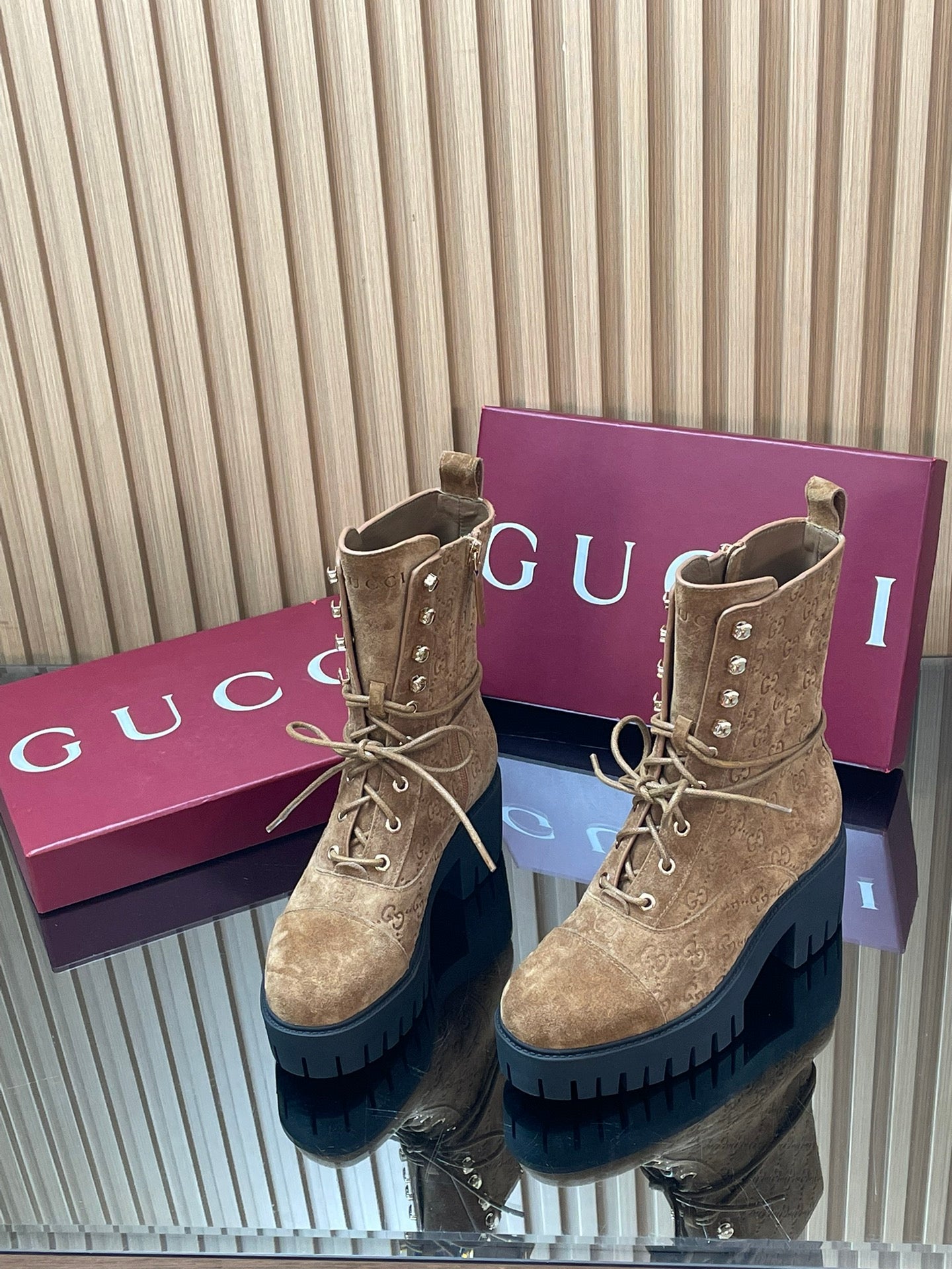 GG 26s Combat Boots Brown GG-Embossed Suede 997188