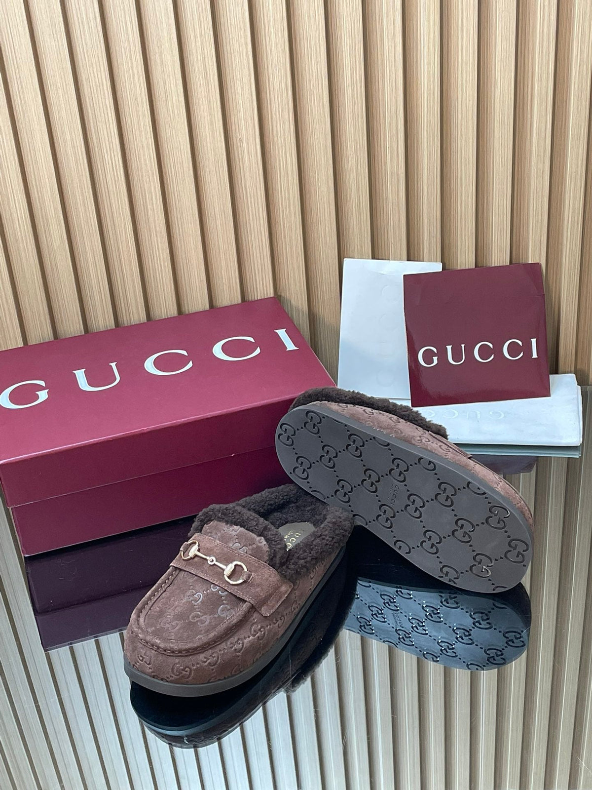 Gucci 26s Celia Mules Dark Brown GG Suede Shearling 156832