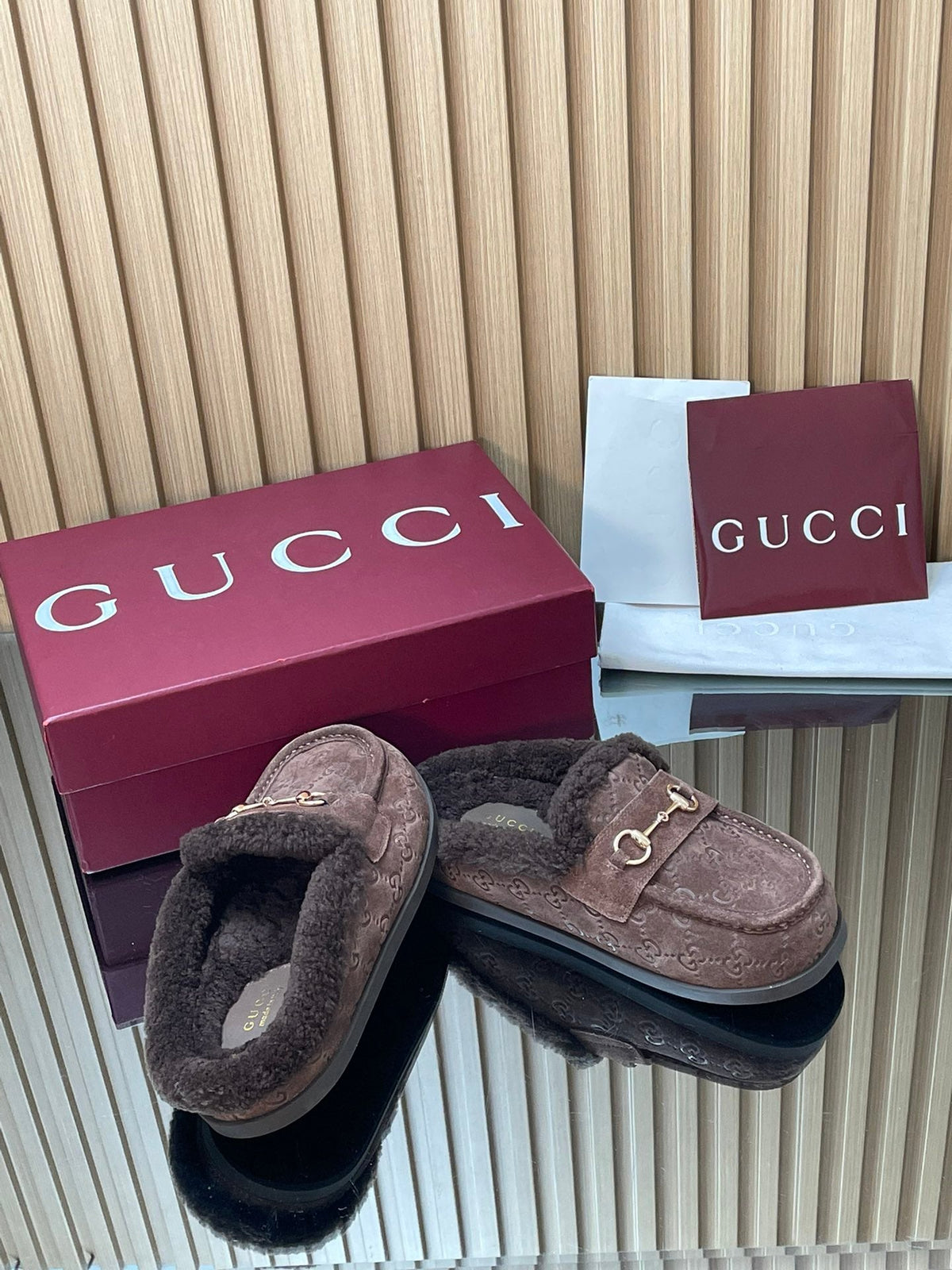 Gucci 26s Celia Mules Dark Brown GG Suede Shearling 156832