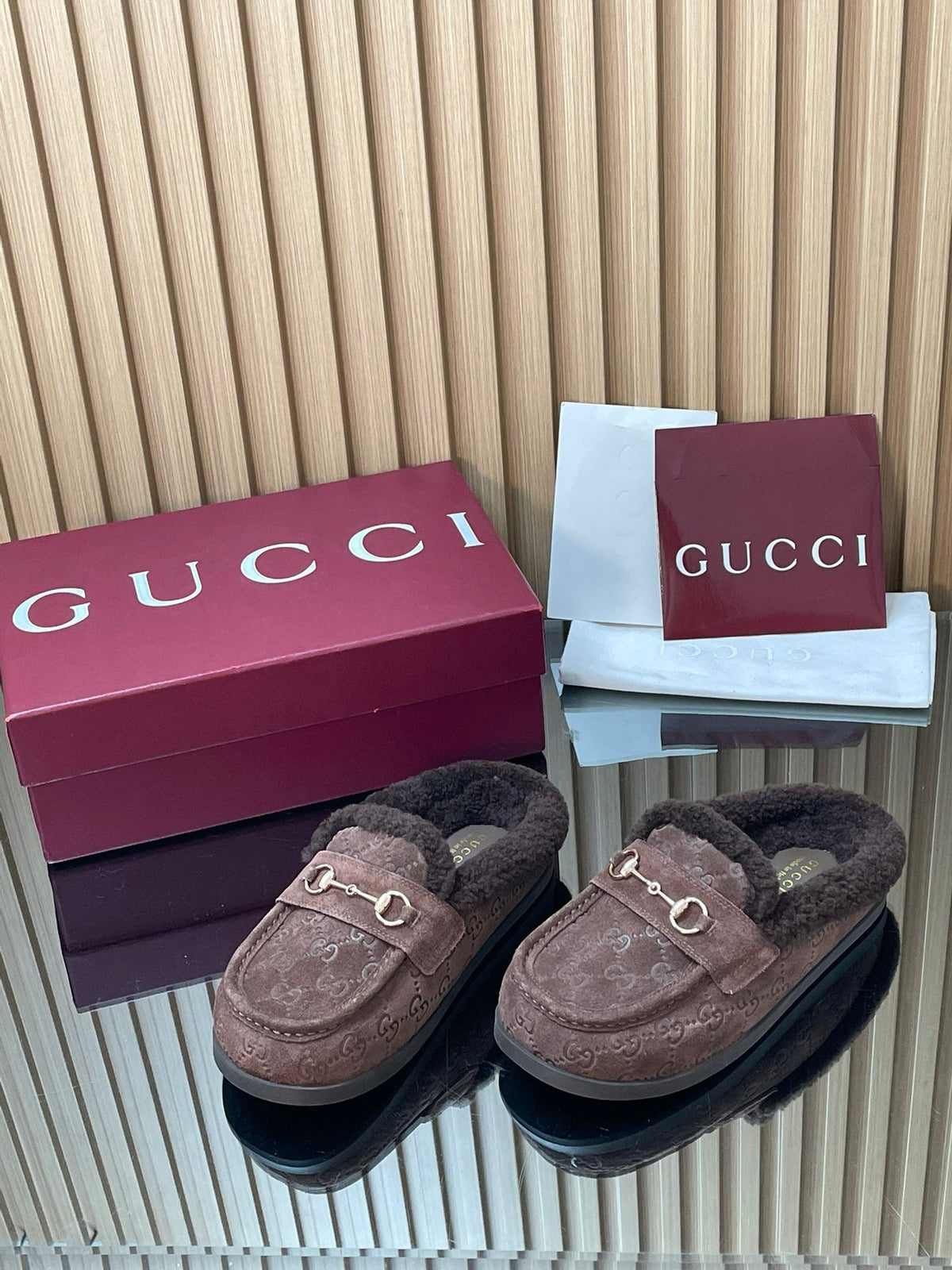 Gucci 26s Celia Mules Dark Brown GG Suede Shearling 156832
