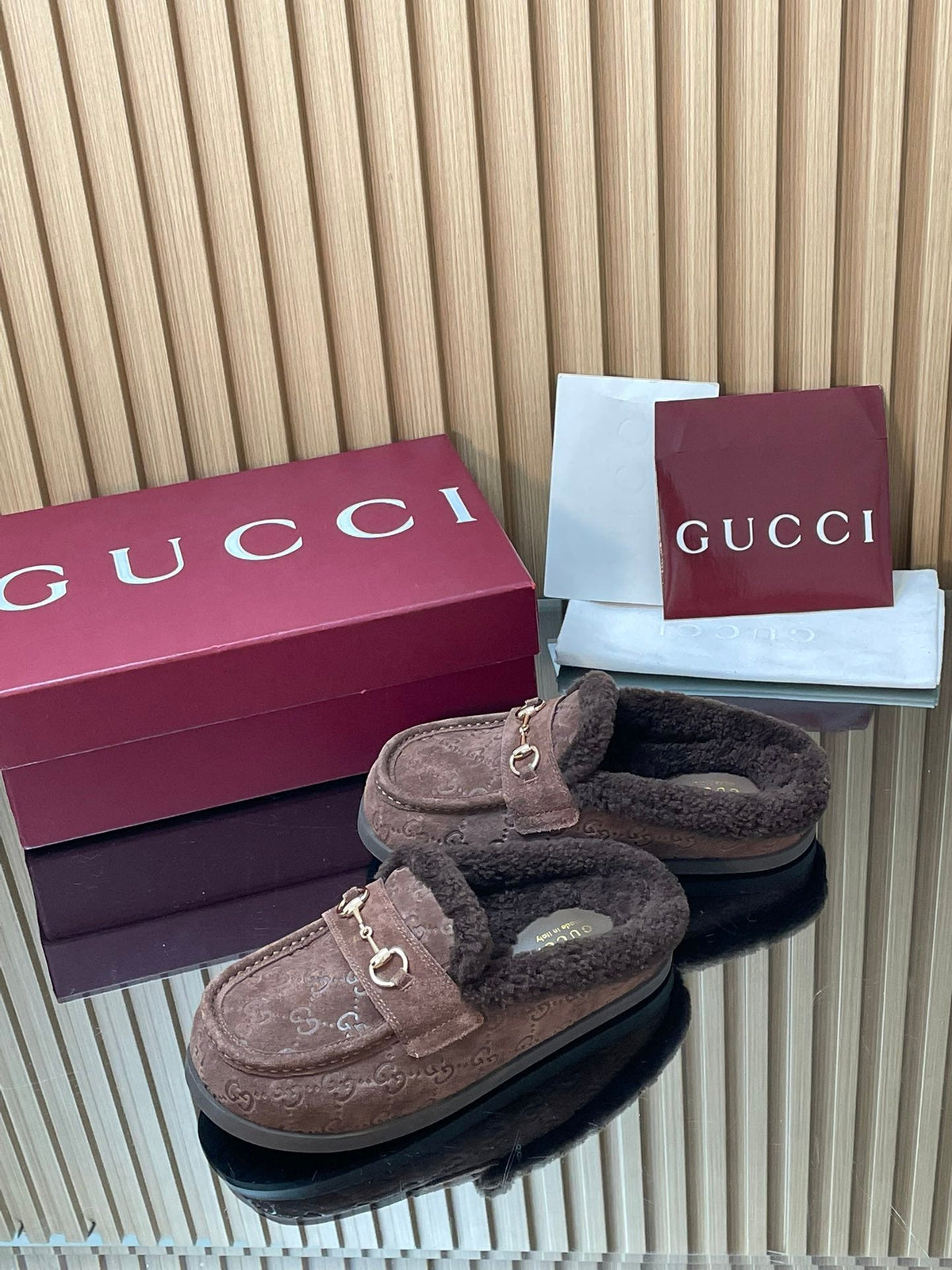 Gucci 26s Celia Mules Dark Brown GG Suede Shearling 156832