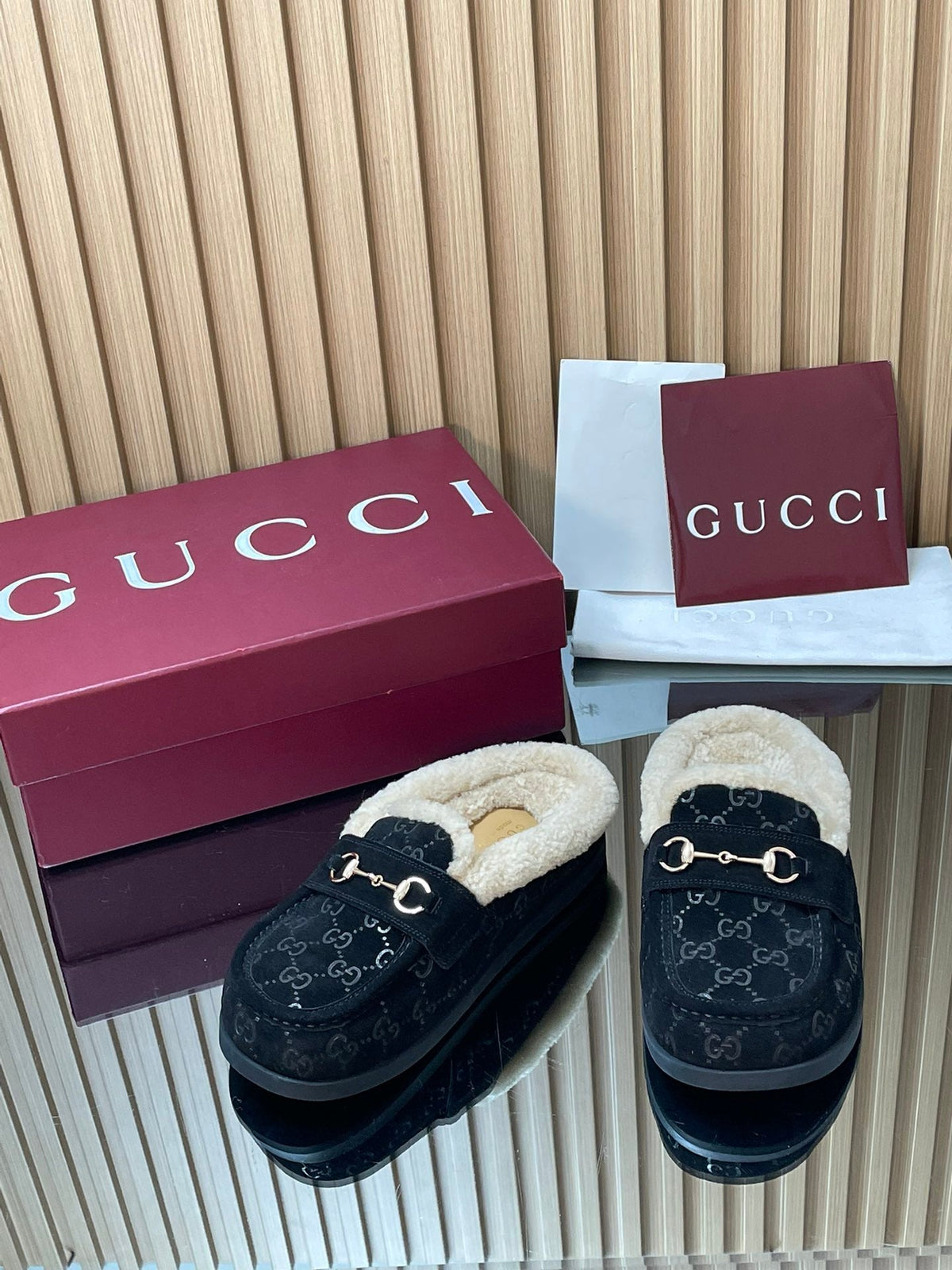 Gucci 26s Celia Mules Black GG Suede Shearling 156833