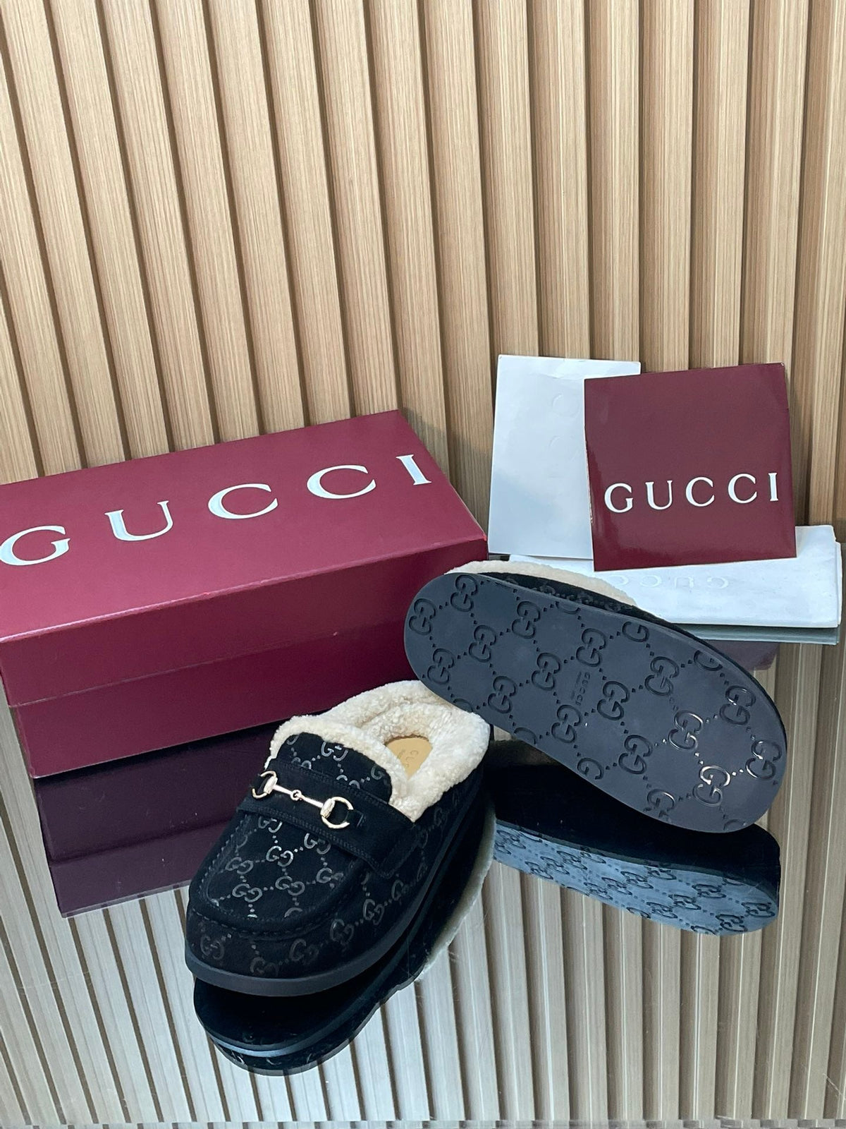 Gucci 26s Celia Mules Black GG Suede Shearling 156833