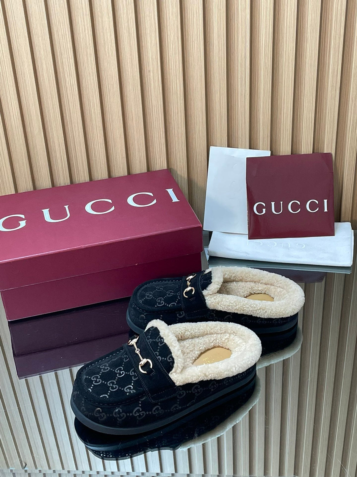 Gucci 26s Celia Mules Black GG Suede Shearling 156833