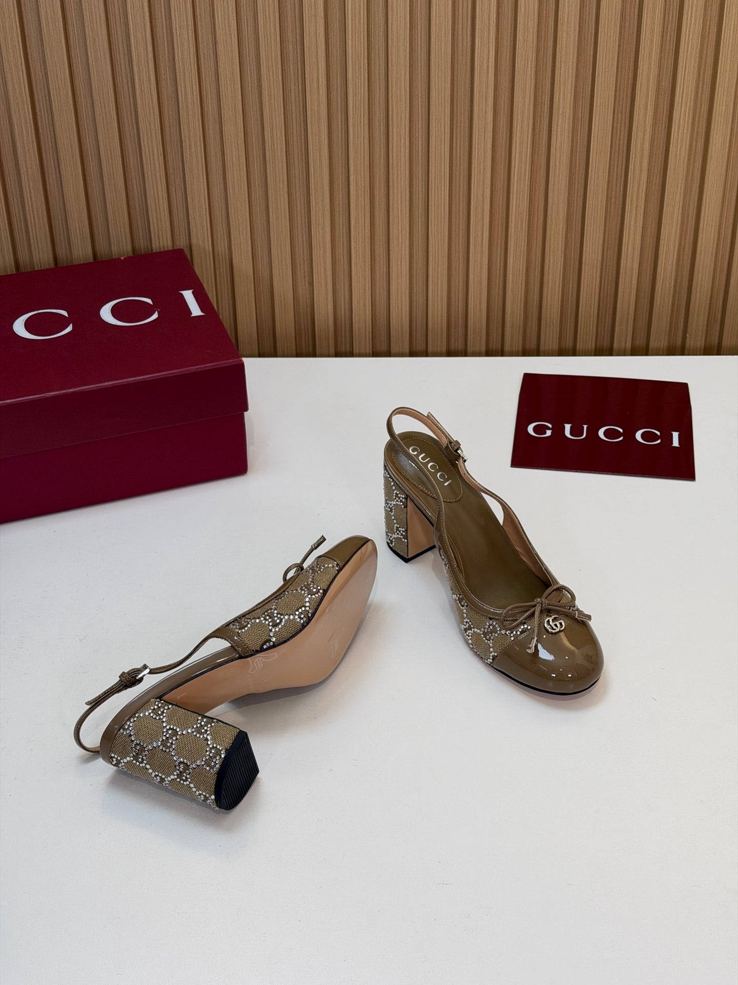GG 26s Embellished Slingback Pumps Light Brown Denim 997170