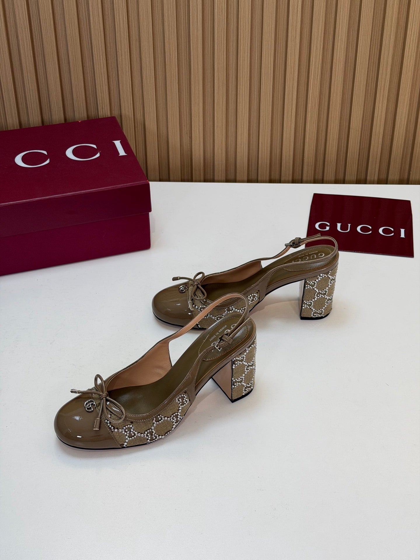 GG 26s Embellished Slingback Pumps Light Brown Denim 997170