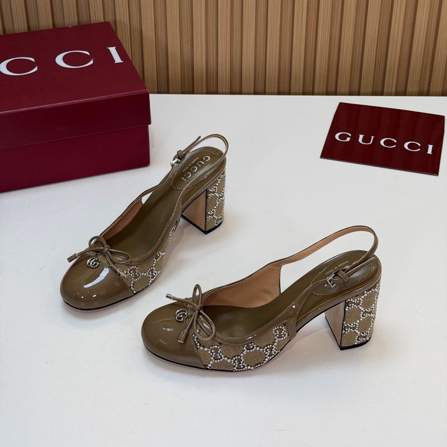 GG 26s Embellished Slingback Pumps Light Brown Denim 997170