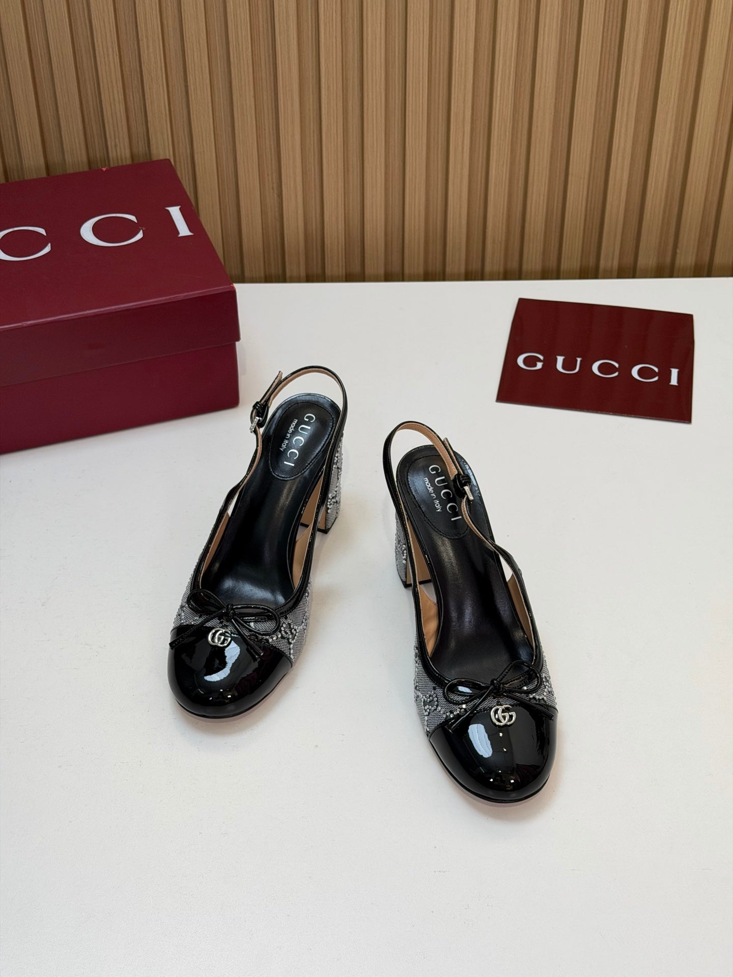 GG 26s Embellished Slingback Pumps Black Patent Leather Mesh 997167