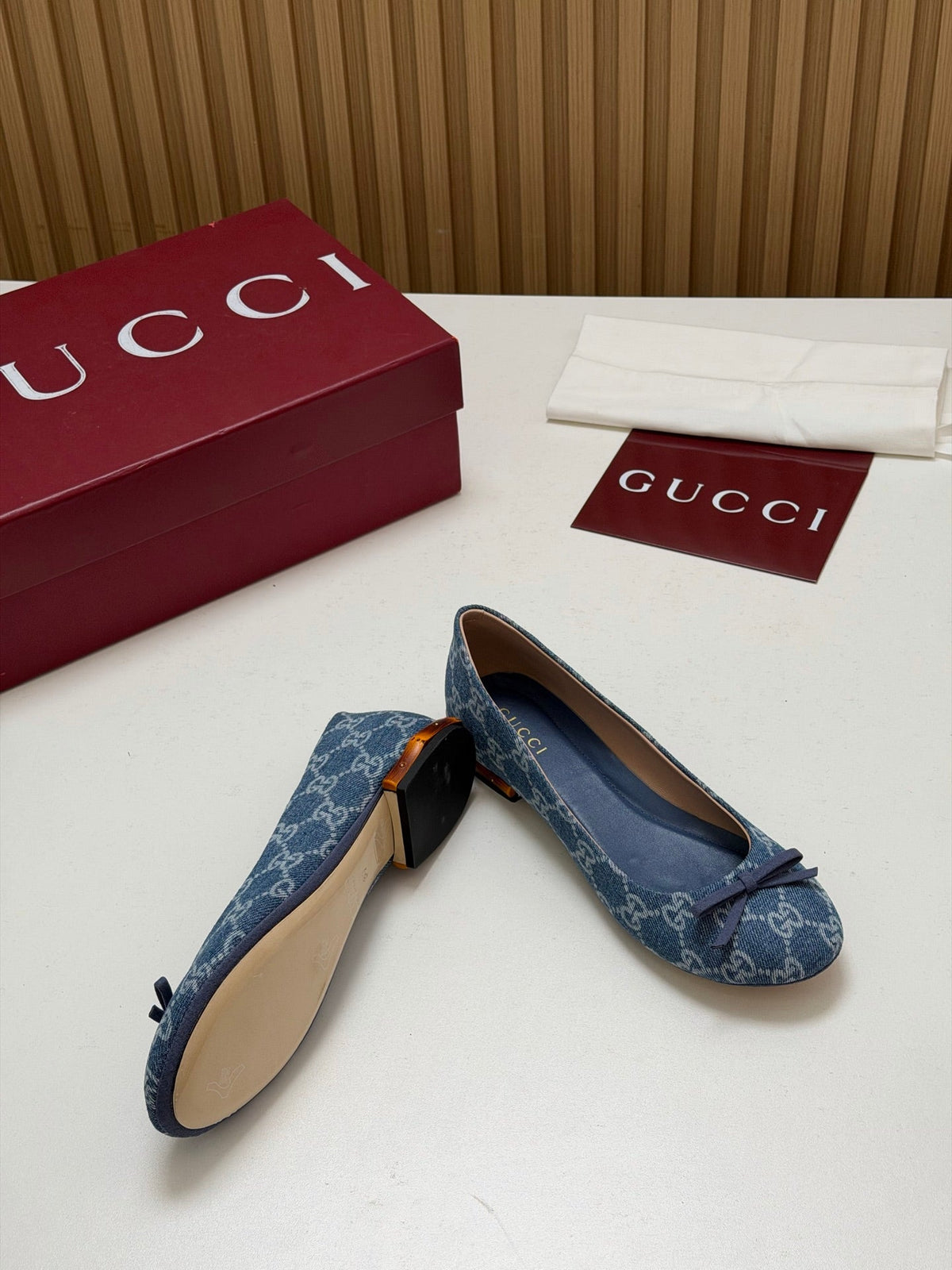 Gucci 26s Crystal Ballerina With Bamboo Flats Blue GG Denim 156867