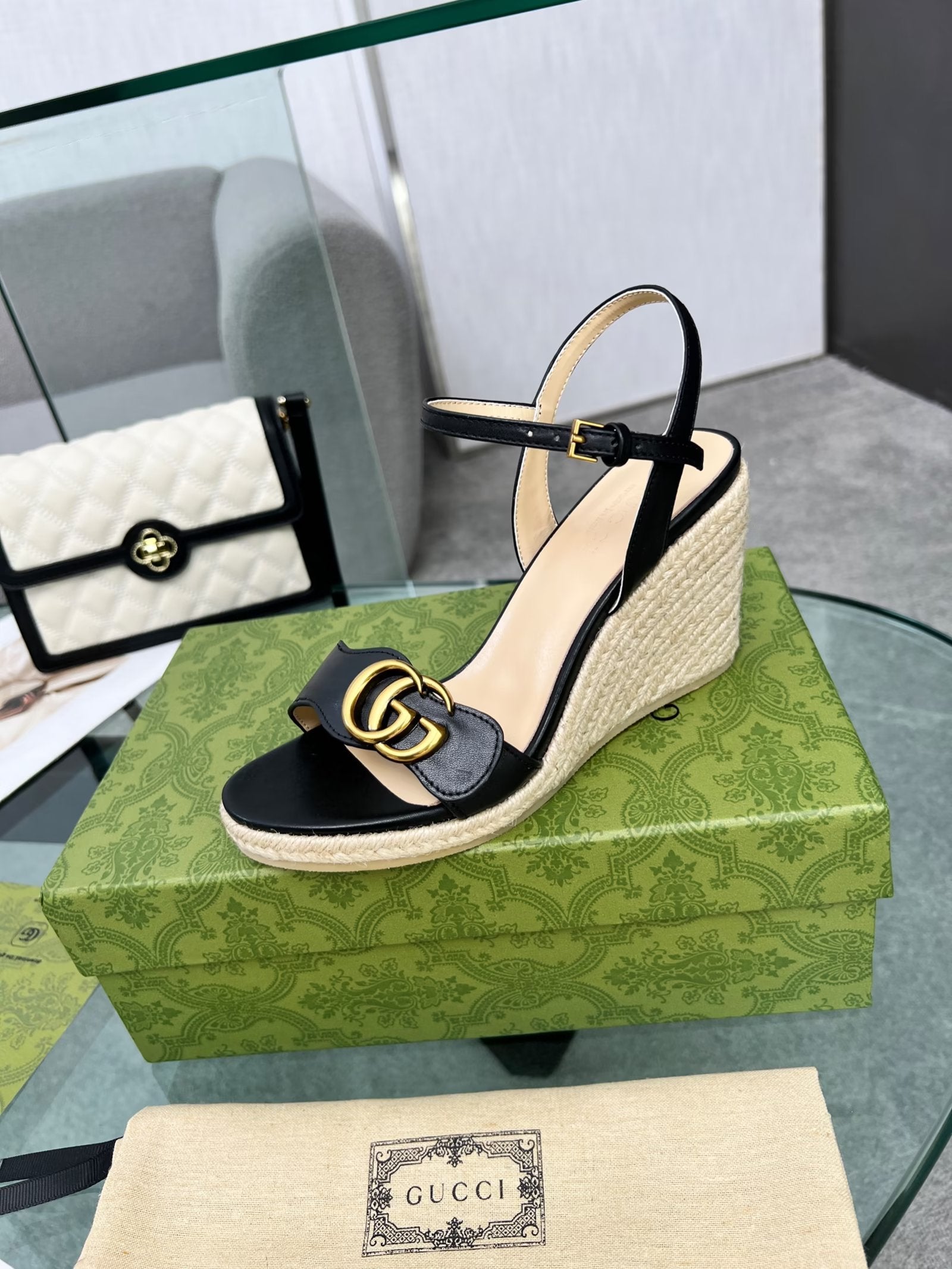 GG 26s Straw Platform Sandals 8cm Black Leather 926710