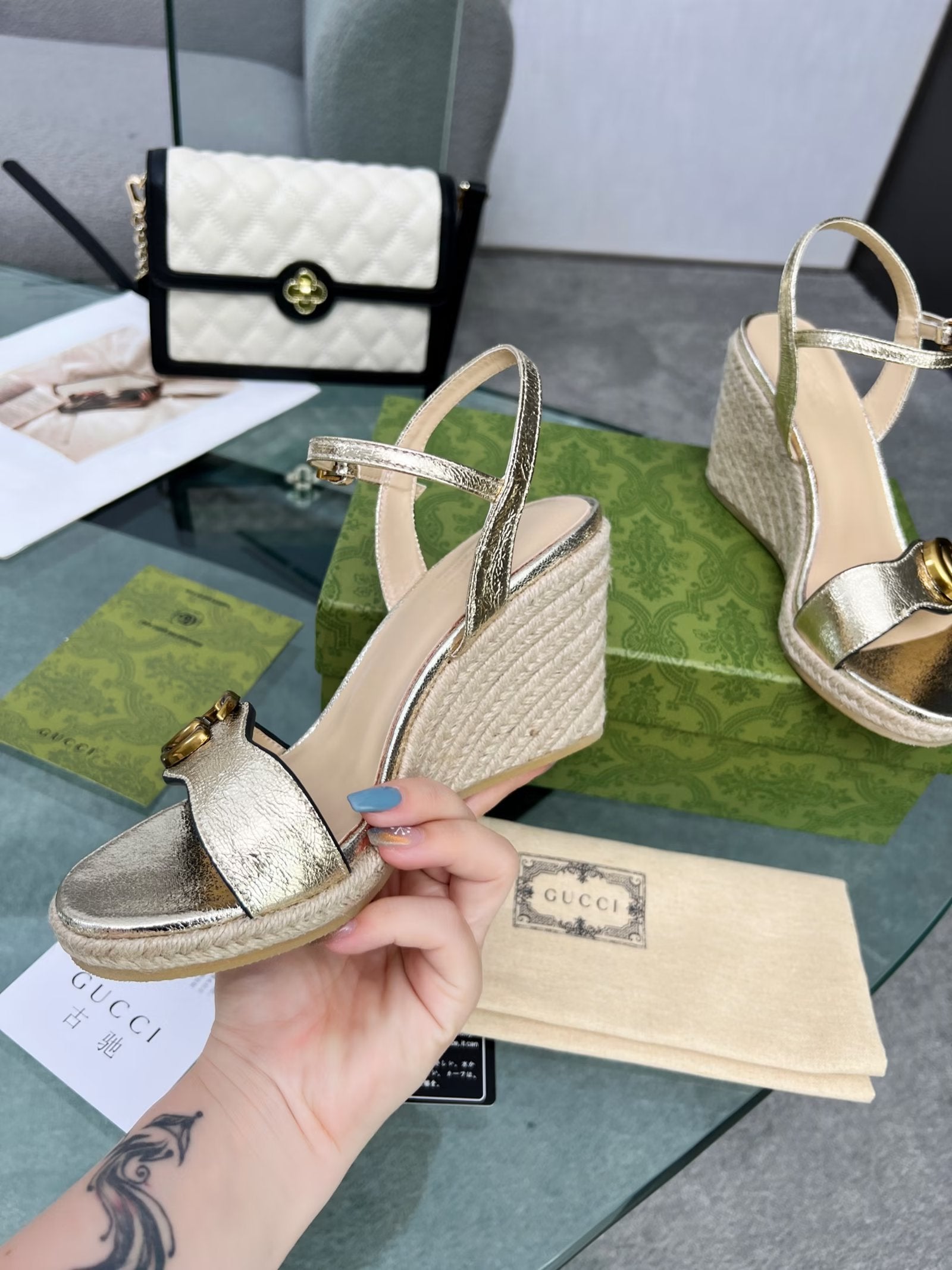 GG 26s Straw Platform Sandals 8cm Light Gold Metalic Leather 926714