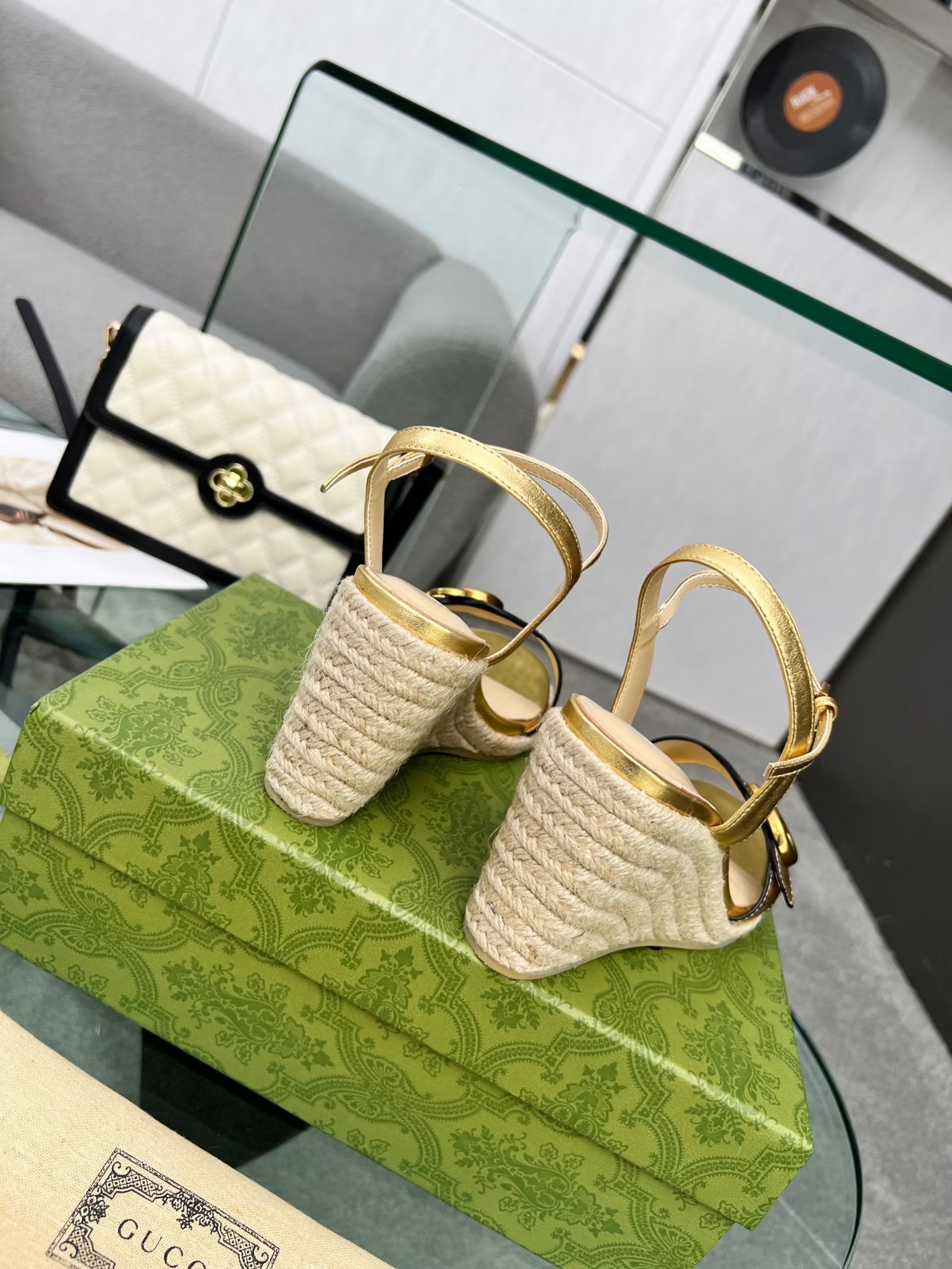 GG 26s Straw Platform Sandals 8cm Gold Leather 926712