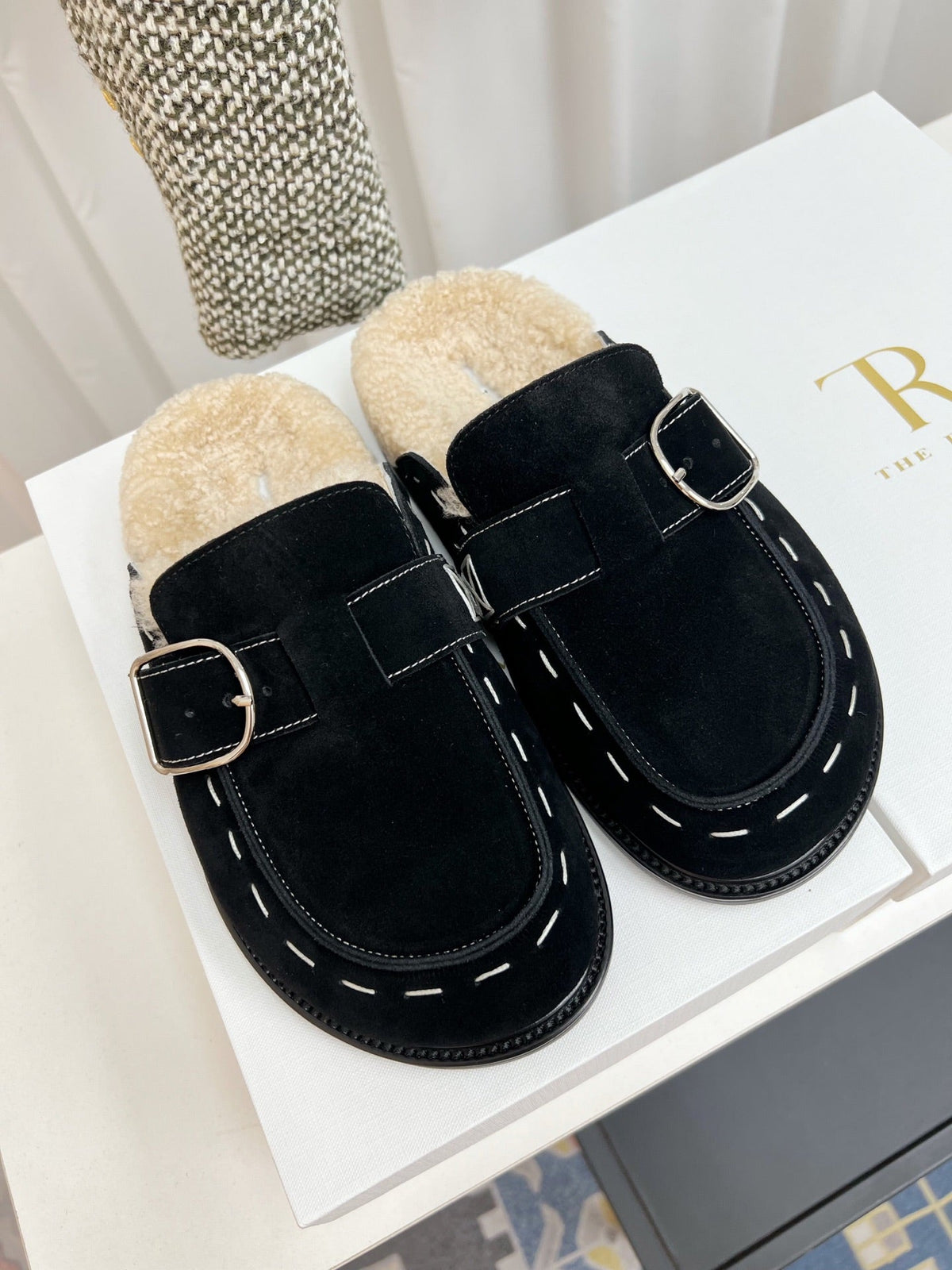 The Row 26s Buckle Mule Flat Black Suede 146478