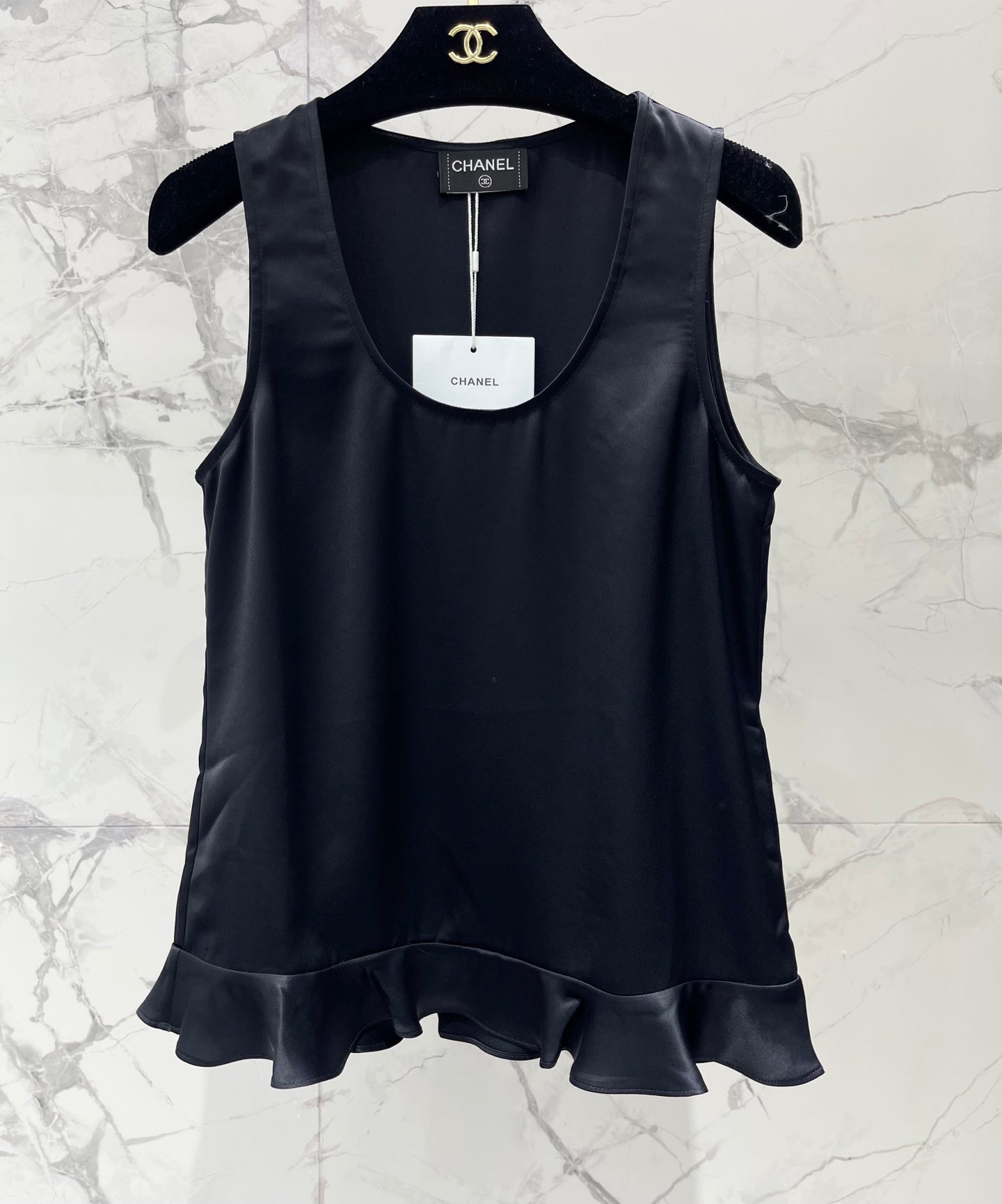 CC 26s Ruffled Acetate Sleeveless Vest Black Silk 408688