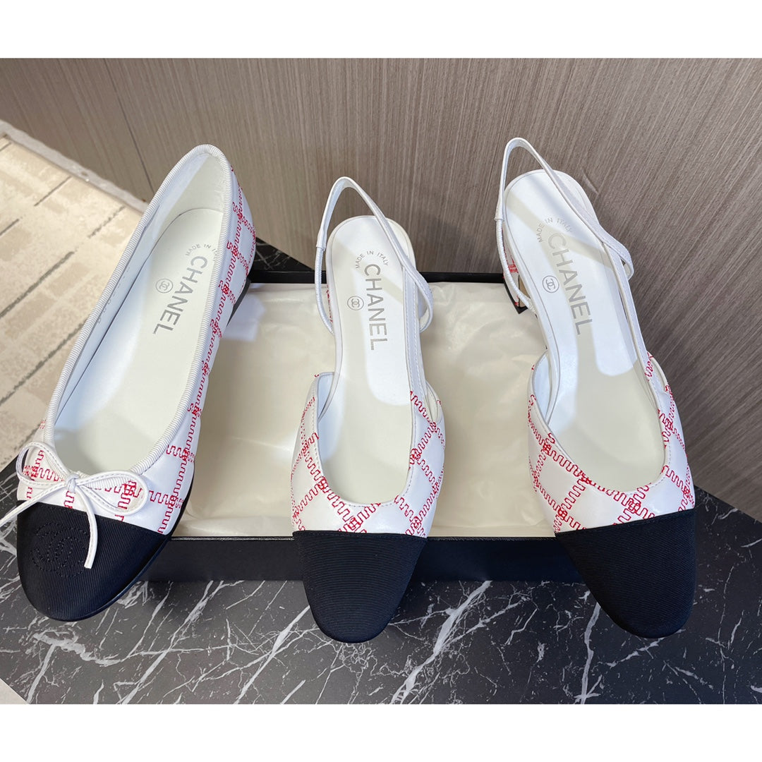 CC 26s Ballerinas Slingbacks CC Logo White Black Canvas Leather 108838