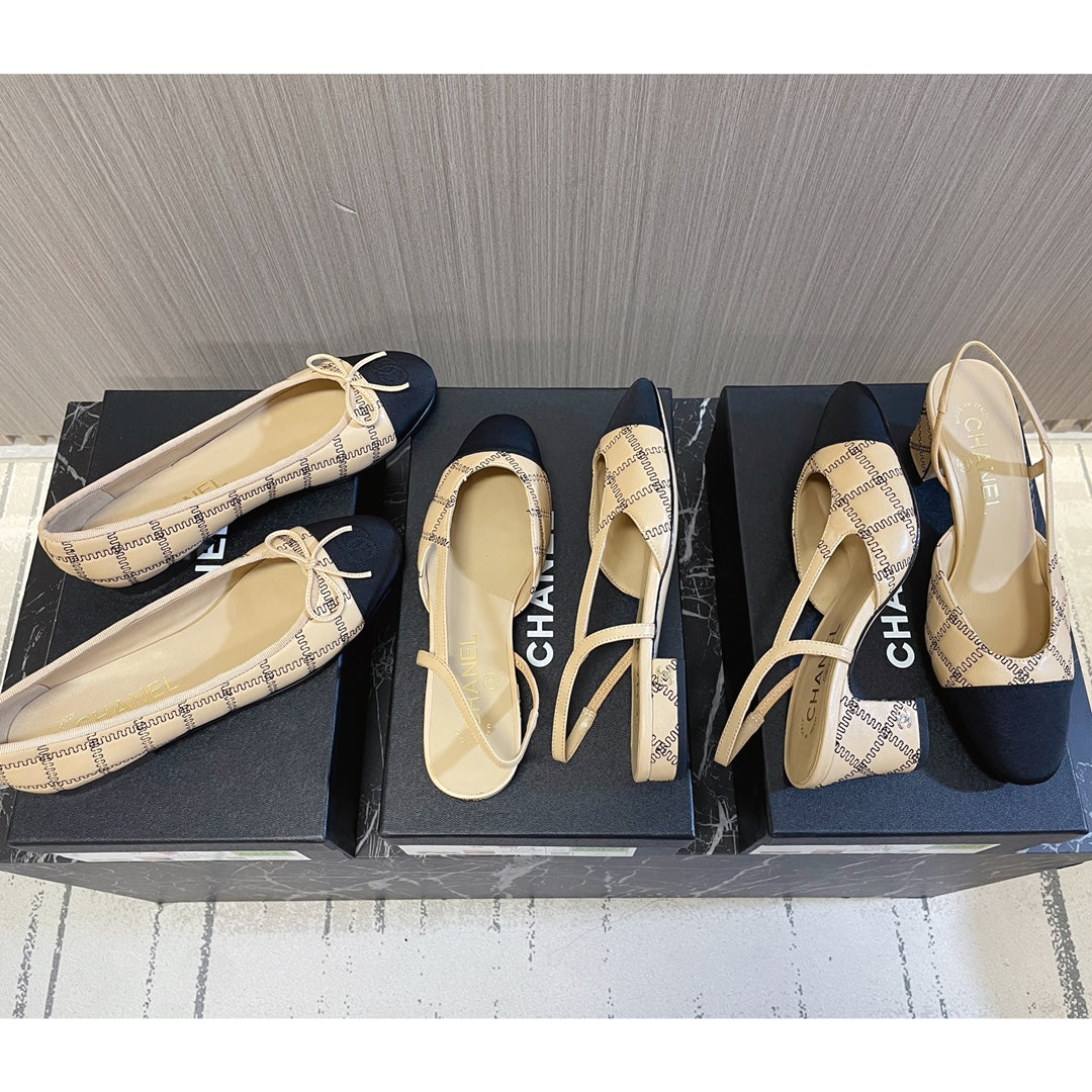 CC 26s Ballerinas Slingbacks CC Logo Beige Black Canvas Leather 108839