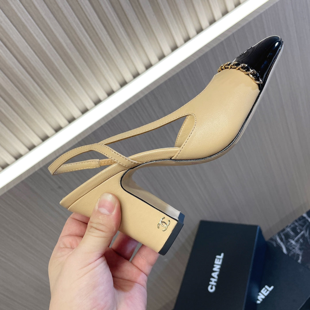 CC 26s Slingbacks 9.5cm Heels Beige Black Leather Patent Canvas 108831