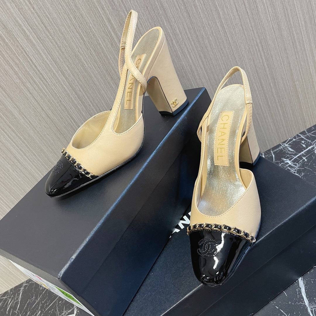 CC 26s Slingbacks 9.5cm Heels Beige Black Leather Patent Canvas 108831